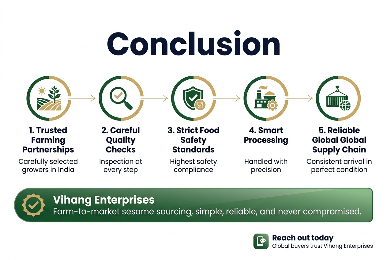 From Farm to Global Markets: How Vihang Enterprises Ensures Purity and Standards in Sesame Seed Sourcing Create a clean, professional full-bleed infographic illustration in a 3:2 aspect ratio with a modern corporate style, white background, deep green and golden sesame-beige accent colors, and dark navy text. Use a wide horizontal layout with clear visual hierarchy. Top center: bold large heading in dark navy, exact text: "Conclusion" Below the heading, place a wide horizontal process flow across the center of the canvas with five evenly spaced sections connected by thin elegant arrows. Each section should have a labeled icon inside a circular badge: 1. Left section: a farm field and sesame plant icon, with the exact text: "1. Trusted Farming Partnerships" "Carefully selected growers in India" 2. Second section: a magnifying glass and quality check icon, with the exact text: "2. Careful Quality Checks" "Inspection at every step" 3. Middle section: a shield and food safety icon, with the exact text: "3. Strict Food Safety Standards" "Highest safety compliance" 4. Fourth section: a processing facility and gear icon, with the exact text: "4. Smart Processing" "Handled with precision" 5. Right section: a shipping container and globe icon, with the exact text: "5. Reliable Global Supply Chain" "Consistent arrival in perfect condition" Along the bottom, add a wide highlighted callout band spanning the full width with a subtle green gradient and a checkmark emblem on the left. Include the exact text in bold white: "Vihang Enterprises" "Farm-to-market sesame sourcing, simple, reliable, and never compromised." At the lower right, add a small call-to-action box with a phone or contact icon and the exact text: "Reach out today" "Global buyers trust Vihang Enterprises" Use clean sans-serif fonts, strong alignment, generous spacing, crisp vector-style icons, and a polished international business aesthetic. No borders, no poster frame, no narrow vertical stack.