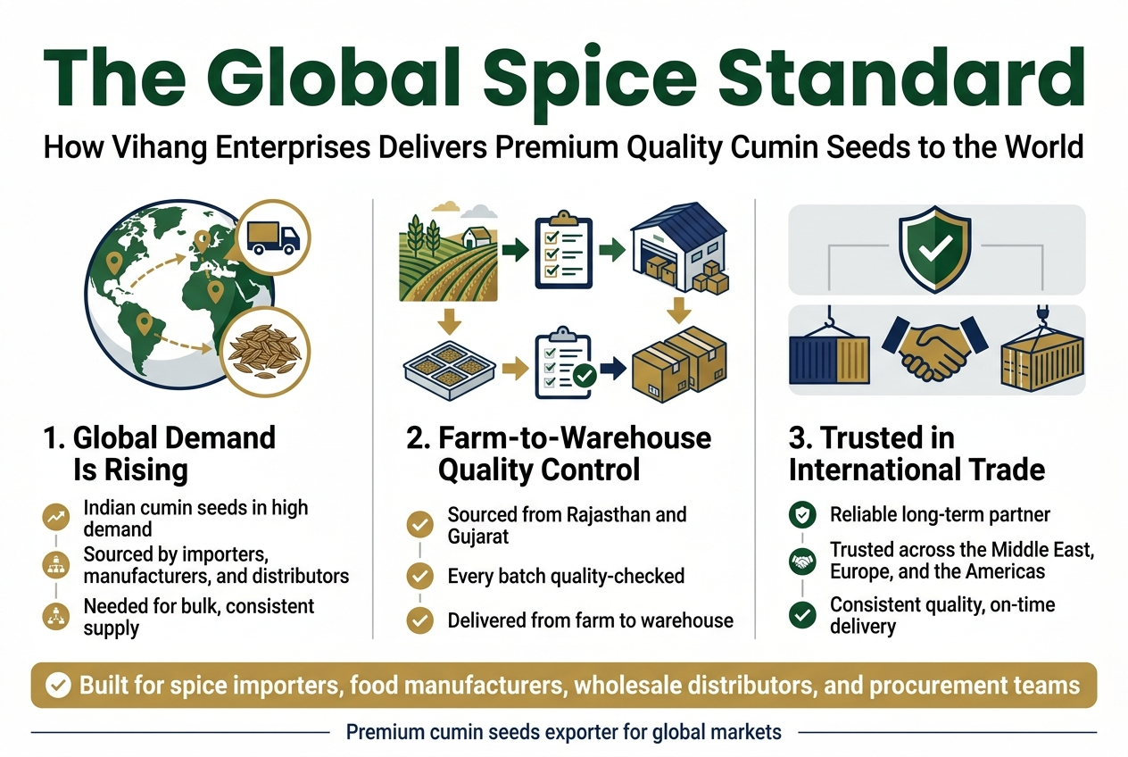 The Global Spice Standard : How Vihang Enterprises delivers Premium quality Cumin Seeds to the World Create a clean, modern infographic illustration in a 3:2 aspect ratio with a full-bleed layout, no frame, no border, and no inset margins. Use a professional export/import business style with a white background, deep green, cumin-gold, navy blue, and light gray accents. Use bold sans-serif typography for headings and clear smaller sans-serif body text. Top header spanning full width: Large bold title text: "The Global Spice Standard" Smaller subtitle beneath: "How Vihang Enterprises Delivers Premium Quality Cumin Seeds to the World" Main layout: a wide horizontal 3-section infographic with strong visual hierarchy, arranged left to right across the center of the canvas. Left section: A globe icon with shipping routes and cumin seed imagery. Heading text: "1. Global Demand Is Rising" Include three short bullet points with small icons: - "Indian cumin seeds in high demand" - "Sourced by importers, manufacturers, and distributors" - "Needed for bulk, consistent supply" Center section: A farm-to-warehouse flow graphic with arrows moving from fields to quality checks to export boxes. Show cumin fields, sample trays, lab checkmarks, and packed cartons. Heading text: "2. Farm-to-Warehouse Quality Control" Include three short bullet points with small icons: - "Sourced from Rajasthan and Gujarat" - "Every batch quality-checked" - "Delivered from farm to warehouse" Right section: A trust and trade panel with a shield icon, handshake icon, and shipping containers. Heading text: "3. Trusted in International Trade" Include three short bullet points with small icons: - "Reliable long-term partner" - "Trusted across the Middle East, Europe, and the Americas" - "Consistent quality, on-time delivery" Bottom band across full width: A highlighted callout bar with a subtle gold background and checkmark icons. Include the text: "Built for spice importers, food manufacturers, wholesale distributors, and procurement teams" Small closing line beneath in navy text: "Premium cumin seeds exporter for global markets" Use clean spacing, aligned blocks, subtle dividers, and crisp iconography. Keep the composition wide and balanced, with all text legible and visually distinct.