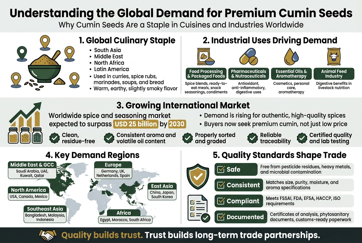 The Global Spice Standard : How Vihang Enterprises delivers Premium quality Cumin Seeds to the World Create a clean, professional infographic in a full-bleed 3:2 landscape layout with a modern editorial style, white background, deep green, cumin-gold, dark charcoal, and muted blue accents, using bold sans-serif headings and smaller readable sans-serif body text. Top header across full width: Large bold title centered: "Understanding the Global Demand for Premium Cumin Seeds" Smaller subtitle underneath: "Why Cumin Seeds Are a Staple in Cuisines and Industries Worldwide" Below the header, organize the infographic into wide horizontal sections and two-column blocks with clear icons. Section 1 on the upper left, with a bowl/spice icon and map pin icons around it: Heading: "1. Global Culinary Staple" Include short bullet points: "South Asia" "Middle East" "North Africa" "Latin America" "Used in curries, spice rubs, marinades, soups, and bread" "Warm, earthy, slightly smoky flavor" Section 2 on the upper right, with industrial icons in a row: food package, capsule, essential oil drop, livestock feed bag: Heading: "2. Industrial Uses Driving Demand" Use four labeled mini-boxes: "Food Processing & Packaged Foods" "Spice blends, ready-to-eat meals, snack seasonings, condiments" "Pharmaceuticals & Nutraceuticals" "Antioxidant, anti-inflammatory, digestive uses" "Essential Oils & Aromatherapy" "Cosmetics, personal care, aromatherapy" "Animal Feed Industry" "Digestive benefits in livestock nutrition" Middle band across the full width with a rising market graph icon and spice jars: Heading: "3. Growing International Market" Include large callout text: "Worldwide spice and seasoning market expected to surpass USD 25 billion by 2030" Add smaller text: "Demand is rising for authentic, high-quality spices" "Buyers now seek premium cumin, not just low price" Add a row of five checkmark badges under the market text: "Clean, residue-free" "Consistent aroma and volatile oil content" "Properly sorted and graded" "Reliable traceability" "Certified quality and lab testing" Lower half split into left and right wide sections. Left section with a world map silhouette and highlighted regions: Heading: "4. Key Demand Regions" Place six labeled region boxes around the map: "Middle East & GCC" "Saudi Arabia, UAE, Kuwait, Qatar" "Europe" "Germany, UK, Netherlands, Spain" "North America" "USA, Canada, Mexico" "Southeast Asia" "Bangladesh, Malaysia, Indonesia" "East Asia" "China, Japan, South Korea" "Africa" "Egypt, Morocco, South Africa" Right section with a quality shield icon and document/checklist icons: Heading: "5. Quality Standards Shape Trade" Use four stacked checklist blocks: "Safe" "Free from pesticide residues, heavy metals, and microbial contamination" "Consistent" "Matches size, purity, moisture, and aroma specifications" "Compliant" "Meets FSSAI, FDA, EFSA, HACCP, ISO requirements" "Documented" "Certificates of analysis, phytosanitary documents, customs-ready paperwork" Bottom strip with a handshake icon and a subtle line separator: Bold closing statement: "Quality builds trust. Trust builds long-term trade partnerships." Design notes: Use a balanced multi-column layout, no narrow centered stack, with clear spacing and strong hierarchy. Use small illustrative icons beside each heading and bullet group. Use gold highlight boxes for key numbers and green checkmarks for quality points. Keep all text sharp, readable, and exactly as written.