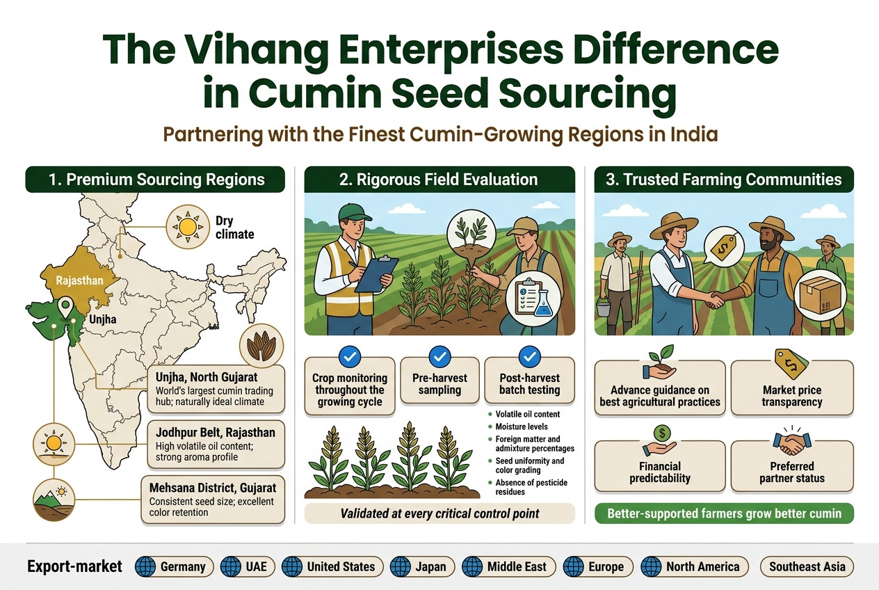 The Global Spice Standard : How Vihang Enterprises delivers Premium quality Cumin Seeds to the World Create a full-bleed horizontal infographic illustration in 3:2 aspect ratio, clean modern corporate style, white background with deep green, cumin gold, earthy brown, and blue accents, bold sans-serif typography, strong visual hierarchy, no vertical poster frame, no inset margins. Top center: large bold title in dark green text, exact wording: "The Vihang Enterprises Difference in Cumin Seed Sourcing" Directly beneath the title, smaller subtitle in brown text: "Partnering with the Finest Cumin-Growing Regions in India" Main layout: three wide horizontal sections arranged left to right across the page, each in a distinct block with icons and short text. LEFT SECTION: A stylized map of India on the left half of the section, with Rajasthan and Gujarat highlighted in gold and green. Add a location pin on North Gujarat labeled "Unjha". Add small callout labels connected by thin lines. Include a bold section heading at the top of this block: "1. Premium Sourcing Regions" Under the map, use three stacked callout cards with small icons: - "Unjha, North Gujarat" and smaller line: "World's largest cumin trading hub; naturally ideal climate" - "Jodhpur Belt, Rajasthan" and smaller line: "High volatile oil content; strong aroma profile" - "Mehsana District, Gujarat" and smaller line: "Consistent seed size; excellent color retention" Add visual symbols: cumin seed cluster icon, sun and dry climate icon, soil and altitude icon. CENTER SECTION: A field inspection scene across farms with a quality evaluator holding a clipboard, sampling cumin plants, and lab test icons. Use a bold section heading: "2. Rigorous Field Evaluation" Arrange three numbered steps in horizontal cards with blue check icons: - "Crop monitoring throughout the growing cycle" - "Pre-harvest sampling" - "Post-harvest batch testing" Under the third step, add a compact bullet list with small lab icons: • "Volatile oil content" • "Moisture levels" • "Foreign matter and admixture percentages" • "Seed uniformity and color grading" • "Absence of pesticide residues" At the bottom of this block, add a small line in italic-style text: "Validated at every critical control point" RIGHT SECTION: A farming community scene showing farmers in a field with handshakes, a price tag, and an export shipment box. Use a bold section heading: "3. Trusted Farming Communities" Arrange four benefit cards with simple icons: - "Advance guidance on best agricultural practices" - "Market price transparency" - "Financial predictability" - "Preferred partner status" At the bottom of this section, add a highlighted green banner with exact text: "Better-supported farmers grow better cumin" Bottom strip across the full width: a slim export-market bar with globe icons and destination labels in small capsules: "Germany", "UAE", "United States", "Japan", "Middle East", "Europe", "North America", "Southeast Asia" Use clean vector-style illustrations, crisp lines, subtle shadows, balanced spacing, and a premium export-industry feel. Keep all text legible and evenly aligned within the wide landscape layout.