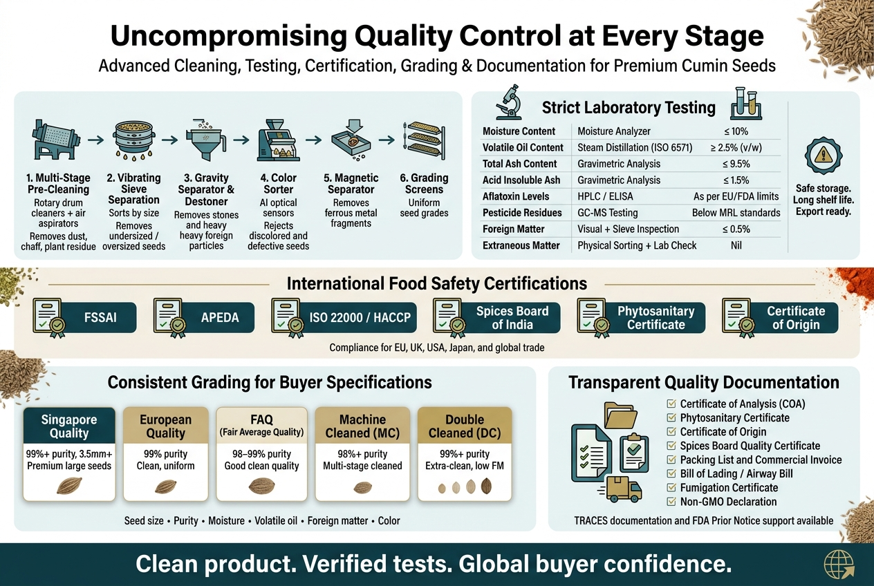 The Global Spice Standard : How Vihang Enterprises delivers Premium quality Cumin Seeds to the World Create a clean, professional landscape infographic in aspect ratio 3:2 with a full-bleed white background and blue-green-gold corporate color palette. Use modern sans-serif fonts, bold headings, clear section dividers, subtle spice/seed texture accents, and a wide horizontal layout with five main blocks across the page. Put the title at the top center in large bold text: "Uncompromising Quality Control at Every Stage". Add a smaller subtitle beneath it: "Advanced Cleaning, Testing, Certification, Grading & Documentation for Premium Cumin Seeds". SECTION 1 on the upper left: a wide horizontal processing flow with 6 small machine icons connected by arrows. Label each step clearly: "1. Multi-Stage Pre-Cleaning" "Rotary drum cleaners + air aspirators" "Removes dust, chaff, plant residue" "2. Vibrating Sieve Separation" "Sorts by size" "Removes undersized / oversized seeds" "3. Gravity Separator & Destoner" "Removes stones and heavy foreign particles" "4. Color Sorter" "AI optical sensors" "Rejects discolored and defective seeds" "5. Magnetic Separator" "Removes ferrous metal fragments" "6. Grading Screens" "Uniform seed grades" SECTION 2 in the upper middle/right: a lab testing panel with microscope, moisture analyzer, and test-tube icons. Use a neat table-style layout with the heading: "Strict Laboratory Testing". Include these test rows exactly: "Moisture Content | Moisture Analyzer | ≤ 10%" "Volatile Oil Content | Steam Distillation (ISO 6571) | ≥ 2.5% (v/w)" "Total Ash Content | Gravimetric Analysis | ≤ 9.5%" "Acid Insoluble Ash | Gravimetric Analysis | ≤ 1.5%" "Aflatoxin Levels | HPLC / ELISA | As per EU/FDA limits" "Pesticide Residues | GC-MS Testing | Below MRL standards" "Foreign Matter | Visual + Sieve Inspection | ≤ 0.5%" "Extraneous Matter | Physical Sorting + Lab Check | Nil" Add a small warning badge icon beside the lab panel with the text: "Safe storage. Long shelf life. Export ready." SECTION 3 across the middle: a certification strip with certificate icons and checkmarks. Heading: "International Food Safety Certifications". Show six badge labels in a row: "FSSAI" "APEDA" "ISO 22000 / HACCP" "Spices Board of India" "Phytosanitary Certificate" "Certificate of Origin" Add a small caption below: "Compliance for EU, UK, USA, Japan, and global trade" SECTION 4 on the lower left/center: a grading comparison block with 5 stacked cards and small seed-size icons. Heading: "Consistent Grading for Buyer Specifications". Include these grade cards exactly: "Singapore Quality" "99%+ purity, 3.5mm+" "Premium large seeds" "European Quality" "99% purity" "Clean, uniform" "FAQ (Fair Average Quality)" "98–99% purity" "Good clean quality" "Machine Cleaned (MC)" "98%+ purity" "Multi-stage cleaned" "Double Cleaned (DC)" "99%+ purity" "Extra-clean, low FM" Add a footer note: "Seed size • Purity • Moisture • Volatile oil • Foreign matter • Color" SECTION 5 on the lower right: a documentation panel with folder, clipboard, and shipping icons. Heading: "Transparent Quality Documentation". Include a checklist of documents exactly: "Certificate of Analysis (COA)" "Phytosanitary Certificate" "Certificate of Origin" "Spices Board Quality Certificate" "Packing List and Commercial Invoice" "Bill of Lading / Airway Bill" "Fumigation Certificate" "Non-GMO Declaration" Add a smaller line at the bottom: "TRACES documentation and FDA Prior Notice support available" Include a final bottom banner spanning the width of the infographic with a bold closing statement and a simple globe/export icon: "Clean product. Verified tests. Global buyer confidence." Use crisp vector style, high readability, evenly spaced columns, and strong visual hierarchy. No frame border, no mockup, no photo realism, no clutter.