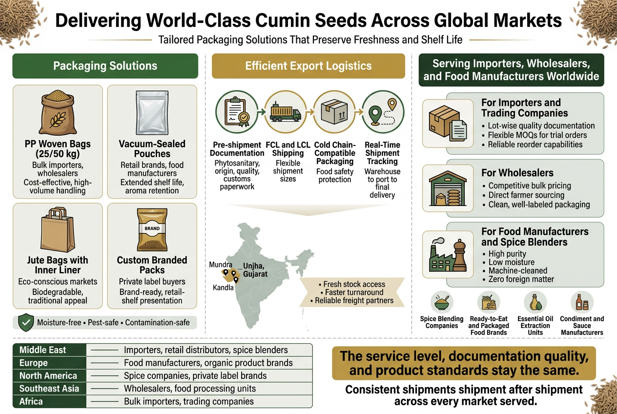 The Global Spice Standard : How Vihang Enterprises delivers Premium quality Cumin Seeds to the World Create a clean, professional full-bleed infographic in a 3:2 aspect ratio with a modern export-trade style, using deep green, cumin gold, white, and charcoal accents, with crisp sans-serif typography and bold section headers. Top banner across the full width: Large bold title centered: "Delivering World-Class Cumin Seeds Across Global Markets" Small subtitle beneath: "Tailored Packaging Solutions That Preserve Freshness and Shelf Life" Main layout: three wide horizontal sections arranged in a balanced two-row infographic with icons and short text blocks, not a vertical poster. LEFT SECTION: Packaging solutions Header in a green bar: "Packaging Solutions" Show 4 icon cards in a 2x2 grid with clear labels: 1. A brown woven sack icon with grain seeds: "PP Woven Bags (25/50 kg)" — "Bulk importers, wholesalers" — "Cost-effective, high-volume handling" 2. A transparent vacuum pouch icon with sealed edges: "Vacuum-Sealed Pouches" — "Retail brands, food manufacturers" — "Extended shelf life, aroma retention" 3. A kraft jute bag icon with inner liner visible: "Jute Bags with Inner Liner" — "Eco-conscious markets" — "Biodegradable, traditional appeal" 4. A premium retail pouch with brand label icon: "Custom Branded Packs" — "Private label buyers" — "Brand-ready, retail-shelf presentation" Add small shield icons beside a short line under the cards: "Moisture-free • Pest-safe • Contamination-safe" CENTER SECTION: Export logistics Header in a gold bar: "Efficient Export Logistics" Use a left-to-right process flow with 4 connected icons and short captions: 1. Clipboard and certificate icon: "Pre-shipment Documentation" — "Phytosanitary, origin, quality, customs paperwork" 2. Container ship and truck icon: "FCL and LCL Shipping" — "Flexible shipment sizes" 3. Insulated package icon: "Cold Chain-Compatible Packaging" — "Food safety protection" 4. Tracking map pin and route icon: "Real-Time Shipment Tracking" — "Warehouse to port to final delivery" Below the flow, include a small map-style graphic of India with a highlighted Gujarat area labeled "Unjha, Gujarat" and two port markers labeled "Mundra" and "Kandla" Add a short callout ribbon: "Fresh stock access • Faster turnaround • Reliable freight partners" RIGHT SECTION: Buyer segments and markets Header in a dark green bar: "Serving Importers, Wholesalers, and Food Manufacturers Worldwide" Use 3 stacked buyer cards with icons: 1. Box and document icon: "For Importers and Trading Companies" — "Lot-wise quality documentation" — "Flexible MOQs for trial orders" — "Reliable reorder capabilities" 2. Warehouse and stacked sacks icon: "For Wholesalers" — "Competitive bulk pricing" — "Direct farmer sourcing" — "Clean, well-labeled packaging" 3. Factory and spice grinder icon: "For Food Manufacturers and Spice Blenders" — "High purity" — "Low moisture" — "Machine-cleaned" — "Zero foreign matter" Under these, include a small 4-icon strip with labels: "Spice Blending Companies" "Ready-to-Eat and Packaged Food Brands" "Essential Oil Extraction Units" "Condiment and Sauce Manufacturers" Bottom band across the full width: Left side a compact table titled "Key Markets Served" with 2-column rows: "Middle East" — "Importers, retail distributors, spice blenders" "Europe" — "Food manufacturers, organic product brands" "North America" — "Spice companies, private label brands" "Southeast Asia" — "Wholesalers, food processing units" "Africa" — "Bulk importers, trading companies" Right side a bold closing statement in a highlighted box: "The service level, documentation quality, and product standards stay the same." Below it in smaller bold text: "Consistent shipments shipment after shipment across every market served." Use neat dividers, subtle spice-seed background accents, professional export imagery, and clear visual hierarchy with icons, blocks, and readable text throughout.