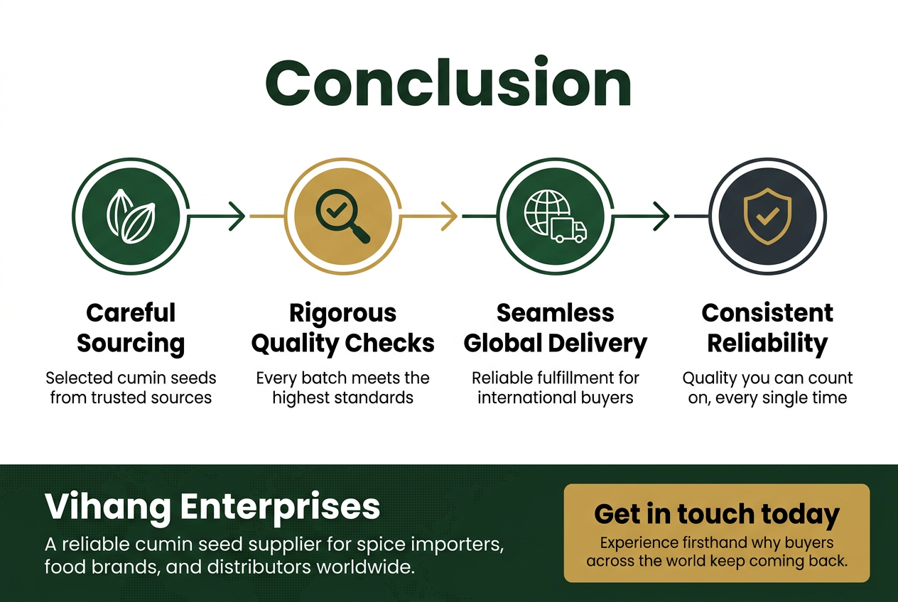 The Global Spice Standard : How Vihang Enterprises delivers Premium quality Cumin Seeds to the World 3:2 aspect ratio, full-bleed professional infographic on a clean white background with deep green, cumin-gold, and dark charcoal accents. Top center: large bold heading text "Conclusion" in a modern sans-serif font. Beneath the heading, a wide horizontal 4-step process flow across the middle of the page with connected line arrows and clear icons in circular badges: 1) left block with a seed/sourcing icon and bold text "Careful Sourcing" with smaller text "Selected cumin seeds from trusted sources"; 2) second block with a magnifying glass and checkmark icon and bold text "Rigorous Quality Checks" with smaller text "Every batch meets the highest standards"; 3) third block with a globe and shipping truck icon and bold text "Seamless Global Delivery" with smaller text "Reliable fulfillment for international buyers"; 4) right block with a shield and checkmark icon and bold text "Consistent Reliability" with smaller text "Quality you can count on, every single time". Bottom wide banner section spanning the full width with a subtle world map pattern and a contact callout: bold text "Vihang Enterprises" and below it "A reliable cumin seed supplier for spice importers, food brands, and distributors worldwide." On the lower right, a prominent call-to-action button-style block in cumin-gold with dark text "Get in touch today" and smaller text beneath it "Experience firsthand why buyers across the world keep coming back." Use strong visual hierarchy, clean spacing, crisp iconography, and balanced horizontal layout with no vertical poster stack.