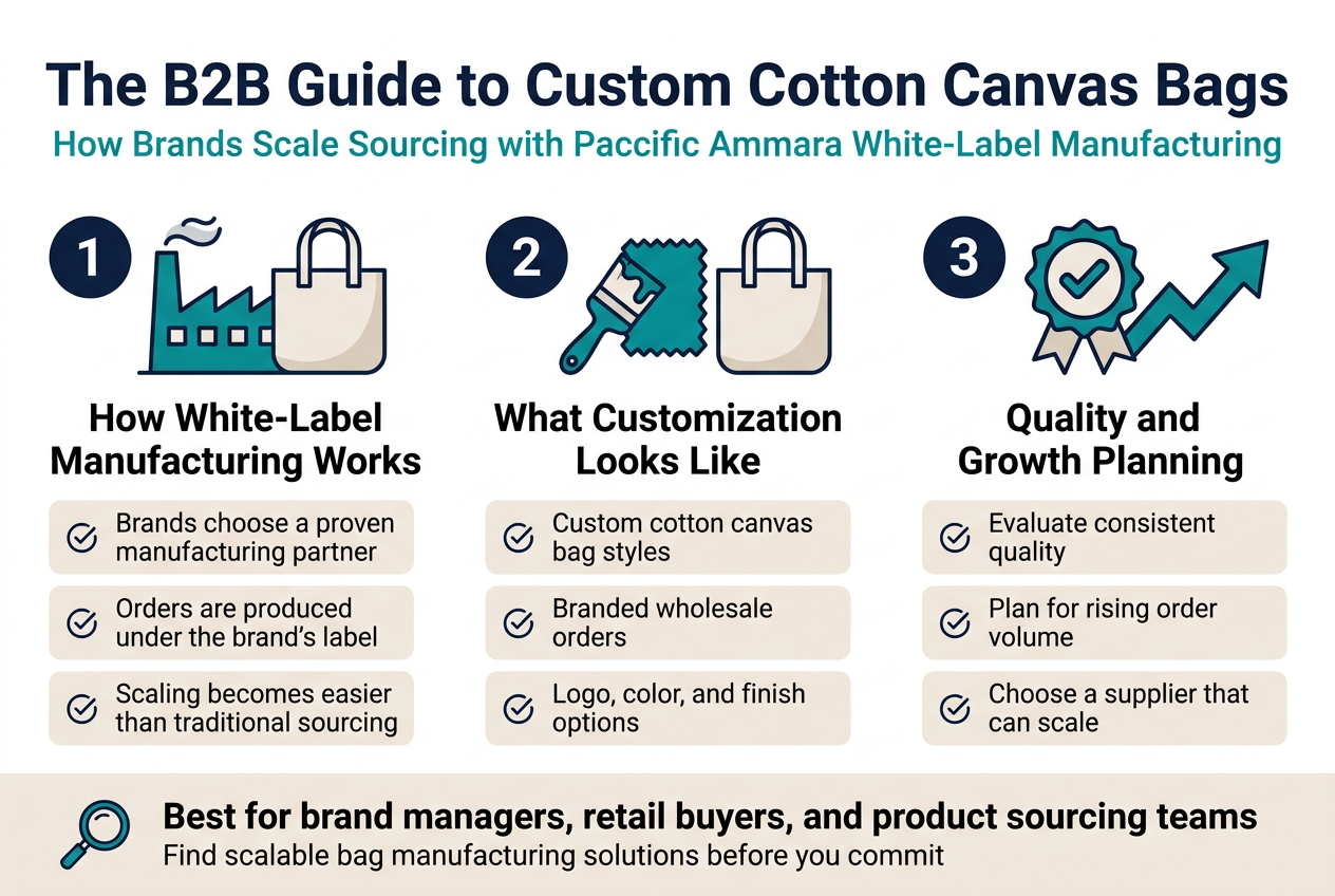 Create a clean professional infographic illustration in a 3:2 aspect ratio, full-bleed layout with no frame or inset margins, using a wide horizontal composition with three main content blocks across the page. Top banner across the full width: bold title text in large modern sans-serif font, dark navy on white: "The B2B Guide to Custom Cotton Canvas Bags" Smaller subtitle beneath in teal: "How Brands Scale Sourcing with Paccific Ammara White-Label Manufacturing" Use a bright, premium palette of navy, teal, white, light beige, and subtle gray. Style should feel corporate, modern, and B2B-focused. Include simple flat vector icons, crisp lines, and balanced whitespace. Left section: a large numbered circle "1" with a factory and tote bag icon. Heading text: "How White-Label Manufacturing Works" Below it, three short bullet blocks with small check icons: "Brands choose a proven manufacturing partner" "Orders are produced under the brand's label" "Scaling becomes easier than traditional sourcing" Center section: a large numbered circle "2" with a paintbrush, fabric swatch, and tote bag icon. Heading text: "What Customization Looks Like" Below it, three short bullet blocks with small check icons: "Custom cotton canvas bag styles" "Branded wholesale orders" "Logo, color, and finish options" Right section: a large numbered circle "3" with a quality check badge and growing upward arrow icon. Heading text: "Quality and Growth Planning" Below it, three short bullet blocks with small check icons: "Evaluate consistent quality" "Plan for rising order volume" "Choose a supplier that can scale" Bottom strip spanning the width with a highlighted summary box and a small magnifying glass icon: Text in bold: "Best for brand managers, retail buyers, and product sourcing teams" Smaller line underneath: "Find scalable bag manufacturing solutions before you commit" Use clear visual hierarchy, bold headings, and easy-to-scan section spacing. Keep all text legible and minimal, with the infographic organized into three wide columns and a clean summary bar at the bottom.