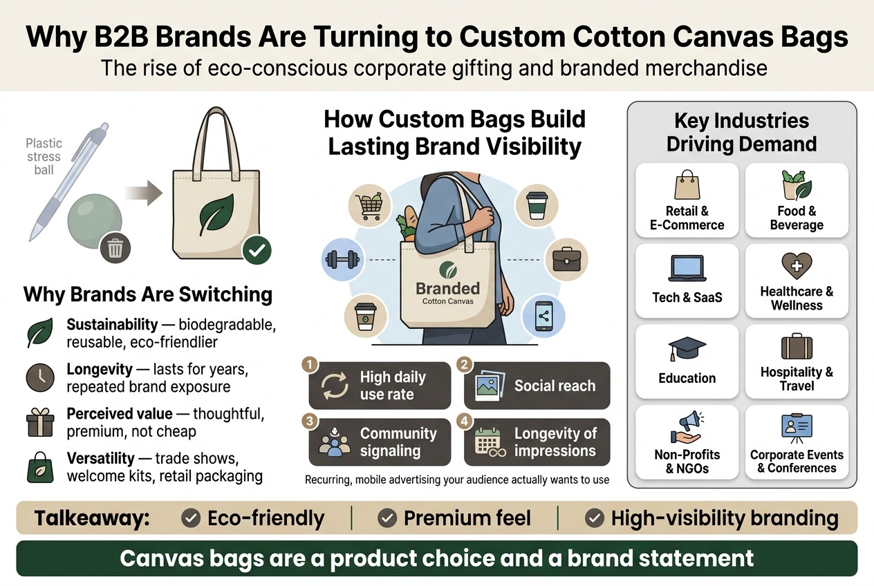 Create a full-bleed, landscape infographic in 3:2 aspect ratio with a clean modern B2B marketing style, using a white background with deep forest green, muted beige, warm charcoal, and soft accent blue. Use a bold sans-serif font for headings and a readable sans-serif font for body text. No border frame. Use wide horizontal sections and multi-column layout. Top header across the full width: Large bold title text: "Why B2B Brands Are Turning to Custom Cotton Canvas Bags" Smaller subtitle beneath: "The rise of eco-conscious corporate gifting and branded merchandise" Main content area split into three horizontal zones: LEFT COLUMN, upper-left: A simple before-and-after visual: a faded plastic pen and foam stress ball on the left with a small trash bin icon, transitioning to a sturdy canvas tote bag on the right with a leaf icon and checkmark. Next to it, a short text block titled "Why Brands Are Switching" with four bullet points and matching icons: 1. Leaf icon: "Sustainability — biodegradable, reusable, eco-friendlier" 2. Clock icon: "Longevity — lasts for years, repeated brand exposure" 3. Gift box icon: "Perceived value — thoughtful, premium, not cheap" 4. Versatile bag icon: "Versatility — trade shows, welcome kits, retail packaging" CENTER COLUMN, large feature section: A large branded cotton canvas tote bag illustration in the center, shown being carried in everyday settings with small floating mini-icons around it: grocery cart, gym dumbbell, coffee cup, work briefcase, and smartphone share icon. Headline above this section: "How Custom Bags Build Lasting Brand Visibility" Below, four numbered callout blocks in a 2x2 grid with icons: 1. "High daily use rate" with a repeat-arrow icon 2. "Social reach" with a photo/share icon 3. "Community signaling" with a people/community icon 4. "Longevity of impressions" with a calendar + infinity icon Add a small line of text beneath: "Recurring, mobile advertising your audience actually wants to use" RIGHT COLUMN, vertical panel: Title: "Key Industries Driving Demand" Show an 8-item grid of rounded cards, each with a simple icon and short label: - Shopping bag icon: "Retail & E-Commerce" - Grocery leaf icon: "Food & Beverage" - Laptop icon: "Tech & SaaS" - Heart and cross icon: "Healthcare & Wellness" - Graduation cap icon: "Education" - Suitcase icon: "Hospitality & Travel" - Megaphone / hand-holding-heart icon: "Non-Profits & NGOs" - Event badge / stage icon: "Corporate Events & Conferences" BOTTOM STRIP spanning the width: A bold highlighted takeaway bar with three short statement blocks separated by thin vertical dividers and small check icons: "Eco-friendly" "Premium feel" "High-visibility branding" End with a final emphasized line in a dark green banner: "Canvas bags are a product choice and a brand statement" Use clear section headers, strong spacing, subtle shadows, and simple flat vector icons. Keep text crisp and legible, balanced across the wide layout, with professional corporate infographic aesthetics.