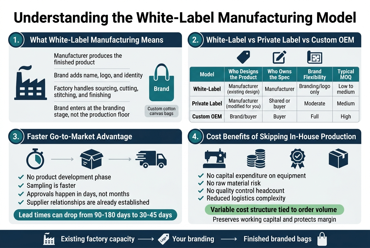 Create a clean, modern full-bleed infographic in a 3:2 aspect ratio with a wide horizontal layout, not a poster. Use a professional palette of deep navy, teal, white, and light gray with subtle green accent for cost savings. Use bold sans-serif headline typography and smaller readable sans-serif body text. Place a large bold title across the top: "Understanding the White-Label Manufacturing Model" Below the title, arrange four wide horizontal content sections in a 2-column grid layout with clear icon markers, strong visual hierarchy, and simple flat vector illustrations. SECTION 1, top left: Header text: "1. What White-Label Manufacturing Means" Include a factory icon on the left and a branded tote bag icon on the right. Body text in short lines: "Manufacturer produces the finished product" "Brand adds name, logo, and identity" "Factory handles sourcing, cutting, stitching, and finishing" "Brand enters at the branding stage, not the production floor" Add a small caption box: "Custom cotton canvas bags" SECTION 2, top right: Header text: "2. White-Label vs Private Label vs Custom OEM" Include a clean comparison table with three columns and four rows. Table headings: "Model" "Who Designs the Product" "Who Owns the Spec" "Brand Flexibility" "Typical MOQ" Table rows: "White-Label | Manufacturer (existing design) | Manufacturer | Branding/logo only | Low to medium" "Private Label | Manufacturer (modified for you) | Shared or buyer | Moderate | Medium" "Custom OEM | Brand/buyer | Buyer | Full | High" Add three small icons above the table: a tag icon for white-label, a pencil-edit icon for private label, and a blueprint icon for custom OEM. SECTION 3, bottom left: Header text: "3. Faster Go-to-Market Advantage" Use a stopwatch icon, a sample box icon, and a delivery truck icon in sequence. Include four short bullet points with checkmarks: "No product development phase" "Sampling is faster" "Approvals happen in days, not months" "Supplier relationships are already established" Add a bold highlight line in a teal callout: "Lead times can drop from 90–180 days to 30–45 days" SECTION 4, bottom right: Header text: "4. Cost Benefits of Skipping In-House Production" Use icons for sewing machine, stacked coins, quality check badge, and shipping box. Include four bullet points with checkmarks: "No capital expenditure on equipment" "No raw material risk" "No quality control headcount" "Reduced logistics complexity" Add a green emphasis box with bold text: "Variable cost structure tied to order volume" Add a smaller concluding line: "Preserves working capital and protects margin" Add a slim footer band across the bottom spanning the full width with a simple flow diagram: "Existing factory capacity → Your branding → Finished branded bags" Use small icons for factory, logo tag, and tote bag. Style requirements: - Clean corporate infographic style - Flat vector icons - Strong spacing and alignment - High contrast text - No photo realism - No vertical centered poster composition - No decorative clutter