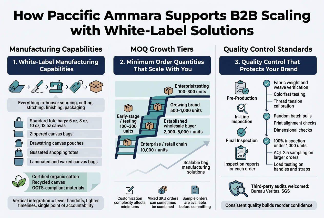 Create a clean, professional full-bleed infographic illustration in a 3:2 aspect ratio with a modern corporate style, white background, navy blue and teal accents, subtle light gray dividers, and a bold sans-serif font. Place a large title across the top: "How Paccific Ammara Supports B2B Scaling with White-Label Solutions" Use a wide three-column layout across the center and lower portion, with clear section headers, icons, and concise text blocks. LEFT COLUMN: Manufacturing Capabilities Header in dark navy: "1. White-Label Manufacturing Capabilities" Show a factory workflow graphic with connected icons across the top of this column: fabric roll, cutting blade, sewing machine, finishing tag, packaging box. Include a short text block: "Everything in-house: sourcing, cutting, stitching, finishing, packaging" Add a stacked list of bag types with small bag icons: "Standard tote bags: 6 oz, 8 oz, 10 oz, 12 oz canvas" "Zippered canvas bags" "Drawstring canvas pouches" "Gusseted shopping totes" "Laminated and waxed canvas bags" Add a small green leaf icon and a material badge strip: "Certified organic cotton" "Recycled canvas" "GOTS-compliant materials" Add a callout badge: "Vertical integration = fewer handoffs, tighter timelines, single point of accountability" CENTER COLUMN: MOQ Growth Tiers Header in dark navy: "2. Minimum Order Quantities That Scale With You" Show a horizontal tiered ladder or stepped bar chart with four levels, each with a small box icon and quantity text: "Early-stage / testing" "100–300 units" "Growing brand" "500–1,000 units" "Established wholesale buyer" "2,000–5,000+ units" "Enterprise / retail chain" "10,000+ units" Add three small note callouts with icons: "Customization complexity affects minimums" "Mixed SKU orders can sometimes be combined" "Sample orders are available before committing" Include a subtle upward arrow or growth line labeled: "Scalable bag manufacturing solutions" RIGHT COLUMN: Quality Control Standards Header in dark navy: "3. Quality Control That Protects Your Brand" Show a vertical QC process flow with three checked stages and inspection icons: "Pre-Production" "Fabric weight and weave verification" "Colorfast testing" "Thread tension calibration" "In-Line Inspection" "Random batch pulls" "Print alignment checks" "Dimensional checks" "Final Inspection" "100% inspection under 1,000 units" "AQL 2.5 sampling on larger orders" "Load testing on handles and straps" Add a clipboard report icon and text: "Inspection reports for each order" Add a shield and magnifying glass icon near the bottom with text: "Third-party audits welcomed: Bureau Veritas, SGS" Add a final emphasis banner: "Consistent quality builds reorder confidence" Use clear visual hierarchy, bold section headers, simple line icons, and balanced spacing. Keep the layout wide and readable with three distinct content blocks across the canvas, not a narrow vertical poster. Include no extra text beyond the wording shown here.