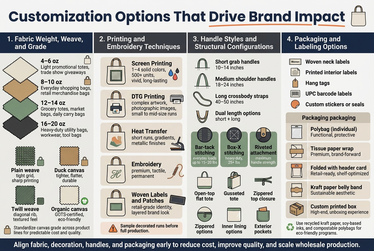 Create a full-bleed 3:2 landscape infographic illustration titled "Customization Options That Drive Brand Impact" with a clean professional B2B style, modern sans-serif fonts, navy, charcoal, white, muted green, warm tan, and orange accent colors, crisp vector icons, strong visual hierarchy, and no inset frame. Top header across the full width: bold title in large navy text, with a thin orange underline and a small canvas bag icon on the right. Use a wide 4-section horizontal layout with clear blocks and numbered labels: 1) Left section: "1. Fabric Weight, Weave, and Grade" Show four stacked fabric swatches with tiny bag icons beside each: - "4–6 oz" — "Light promotional totes, trade show giveaways" - "8–10 oz" — "Everyday shopping bags, retail merchandise bags" - "12–14 oz" — "Grocery totes, market bags, daily carry bags" - "16–20 oz" — "Heavy-duty utility bags, workwear, tool bags" Below, add four weave pattern swatches with labels and small icons: - "Plain weave" — "tight grid, sharp printing" - "Duck canvas" — "tighter, flatter, durable" - "Twill weave" — "diagonal rib, textured feel" - "Organic canvas" — "GOTS-certified, eco-friendly" Add a small footer line: "Standardize canvas grade across product lines for predictable cost and quality." 2) Center-left section: "2. Printing and Embroidery Techniques" Show five technique cards with example mark icons on bags: - "Screen Printing" — "1–4 solid colors, 500+ units, vivid, long-lasting" - "DTG Printing" — "complex artwork, photographic images, small to mid-size runs" - "Heat Transfer" — "short runs, gradients, metallic finishes" - "Embroidery" — "premium, tactile, permanent" - "Woven Labels and Patches" — "retail-grade identity, layered brand look" Use small visual cues: mesh screen, ink drops, digital printer, heat press, stitched thread, woven patch. Add a small warning note in a highlighted box: "Sample decorated runs before full production." 3) Center-right section: "3. Handle Styles and Structural Configurations" Display a bag silhouette with callouts for handle types and attachment methods. Handle type labels in a vertical list with matching line icons: - "Short grab handles" — "10–14 inches" - "Medium shoulder handles" — "18–24 inches" - "Long crossbody straps" — "40–50 inches" - "Dual length options" — "short + long" Below, three attachment method badges: - "Bar-tack stitching" — "everyday loads up to 15–20 lbs" - "Box-X stitching" — "heavy-duty, 25+ lbs" - "Riveted attachment" — "maximum handle strength" Add small structural icons and labels: - "Open-top flat tote" - "Gusseted tote" - "Zippered top closure" - "Inner lining options" - "Exterior pockets" Include small icons for each: open bag, side gusset, zipper, lining, pocket. 4) Right section: "4. Packaging and Labeling Options" Show a retail-ready packaging grid with icons and labels: Labeling list: - "Woven neck labels" - "Printed interior labels" - "Hang tags" - "UPC barcode labels" - "Custom stickers or seals" Packaging table-style cards: - "Polybag (individual)" — "Functional, protective" - "Tissue paper wrap" — "Premium, brand-forward" - "Folded with header card" — "Retail-ready, shelf-optimized" - "Kraft paper belly band" — "Sustainable aesthetic" - "Custom printed box" — "High-end, unboxing experience" Add a green eco note at the bottom: "Use recycled kraft paper, soy-based inks, and compostable polybags for eco-friendly programs." Add a thin bottom ribbon spanning the width with a final summary sentence in bold: "Align fabric, decoration, handles, and packaging early to reduce cost, improve quality, and scale wholesale production." Use clean spacing, clear section dividers, icons beside every bullet point, and a polished factory-to-retail infographic look.