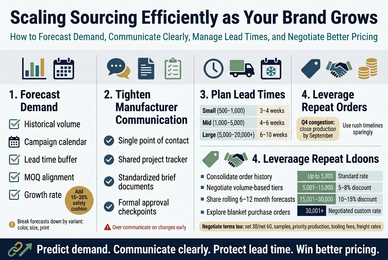 Create a full-bleed professional infographic in a 3:2 aspect ratio, wide horizontal layout, clean modern corporate style, white background with navy, teal, muted green, and warm gold accents, sans-serif fonts, bold hierarchy, subtle dividers, flat vector icons, no frame, no inset margins. Top header across the full width: Large bold title in dark navy: "Scaling Sourcing Efficiently as Your Brand Grows" Smaller subtitle beneath in teal: "How to Forecast Demand, Communicate Clearly, Manage Lead Times, and Negotiate Better Pricing" Below the header, use a 4-section horizontal grid with clear numbered blocks and icons. Section 1 on the left, with a bar chart and calendar icon: Heading: "1. Forecast Demand" Include a simple 5-step checklist with small icons: "Historical volume" "Campaign calendar" "Lead time buffer" "MOQ alignment" "Growth rate" Add a small callout badge in gold: "Add 15–20% safety cushion" Add a tiny note line: "Break forecasts down by variant: color, size, print" Section 2 left-center, with a speech bubble, document, and checklist icons: Heading: "2. Tighten Manufacturer Communication" Use 4 short stacked bullets with check icons: "Single point of contact" "Shared project tracker" "Standardized brief documents" "Formal approval checkpoints" Add a small warning line in red: "Over-communicate on changes early" Section 3 right-center, with a clock, truck, and seasonal snowflake/calendar icons: Heading: "3. Plan Lead Times" Show a clean mini table with two columns: "Small (500–1,000)" | "3–4 weeks" "Mid (1,000–5,000)" | "4–6 weeks" "Large (5,000–20,000+)" | "6–10 weeks" Add two side callouts: "Q4 congestion: close production by September" "Use rush timelines sparingly" Section 4 on the right, with a price tag, handshake, and stacked coins icons: Heading: "4. Leverage Repeat Orders" Include 4 compact bullets: "Consolidate order history" "Negotiate volume-based tiers" "Share rolling 6–12 month forecasts" "Explore blanket purchase orders" Add a small pricing ladder graphic with these exact labels: "Up to 5,000 | Standard rate" "5,001–15,000 | 5–8% discount" "15,001–30,000 | 10–15% discount" "30,001+ | Negotiated custom rate" Add a bottom note in a highlighted strip: "Negotiate terms too: net 30/net 60, samples, priority production, tooling fees, freight rates" Along the bottom full width, add a concluding banner with a chain-link and upward arrow icon: "Predict demand. Communicate clearly. Protect lead time. Win better pricing." Use crisp alignment, spacious layout, strong visual separation between sections, and clear readable typography.