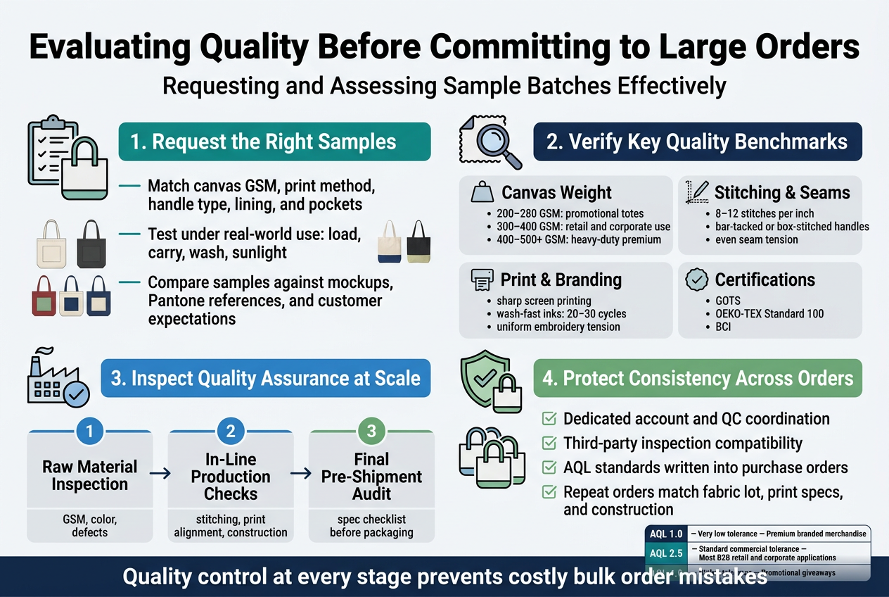 Create a clean, professional full-bleed infographic in 3:2 aspect ratio with a modern B2B sourcing style, using navy blue, teal, white, light gray, and subtle green accents. Use bold sans-serif fonts for headings and smaller readable sans-serif body text. Place a large bold title across the top: "Evaluating Quality Before Committing to Large Orders". Add a smaller subtitle below: "Requesting and Assessing Sample Batches Effectively". Use a wide horizontal layout with four main content blocks across the middle and lower half, each with a distinct icon and clear hierarchy. TOP LEFT SECTION: A clipboard and tote bag icon beside a numbered heading in a teal box: "1. Request the Right Samples". Under it, include 3 short bullet lines: - "Match canvas GSM, print method, handle type, lining, and pockets" - "Test under real-world use: load, carry, wash, sunlight" - "Compare samples against mockups, Pantone references, and customer expectations" Add small sample bag thumbnails in multiple colorways. TOP RIGHT SECTION: A magnifying glass over fabric icon beside a numbered heading in a navy box: "2. Verify Key Quality Benchmarks". Below, split into 4 mini cards with icons: - "Canvas Weight" with text: "200–280 GSM: promotional totes" / "300–400 GSM: retail and corporate use" / "400–500+ GSM: heavy-duty premium" - "Stitching & Seams" with text: "8–12 stitches per inch" / "bar-tacked or box-stitched handles" / "even seam tension" - "Print & Branding" with text: "sharp screen printing" / "wash-fast inks: 20–30 cycles" / "uniform embroidery tension" - "Certifications" with text: "GOTS" / "OEKO-TEX Standard 100" / "BCI" LOW LEFT SECTION: A factory checklist icon beside a numbered heading in a blue box: "3. Inspect Quality Assurance at Scale". Under it, show a 3-step horizontal process with numbered circles and arrows: "Raw Material Inspection" → "In-Line Production Checks" → "Final Pre-Shipment Audit" Include small labels below each step: - "GSM, color, defects" - "stitching, print alignment, construction" - "spec checklist before packaging" LOW RIGHT SECTION: A shield and repeating bag icon beside a numbered heading in a green box: "4. Protect Consistency Across Orders". Add 4 short points in a checklist style: - "Dedicated account and QC coordination" - "Third-party inspection compatibility" - "AQL standards written into purchase orders" - "Repeat orders match fabric lot, print specs, and construction" Include a small table-style badge at the bottom right with three rows: "AQL 1.0 — Very low tolerance — Premium branded merchandise" "AQL 2.5 — Standard commercial tolerance — Most B2B retail and corporate applications" "AQL 4.0 — Higher tolerance — Promotional giveaways" Add a thin footer strip across the bottom with a final bold line: "Quality control at every stage prevents costly bulk order mistakes". Use subtle line icons, checkmarks, and arrows throughout. Keep spacing balanced, visually structured, and easy to scan, with no decorative clutter.