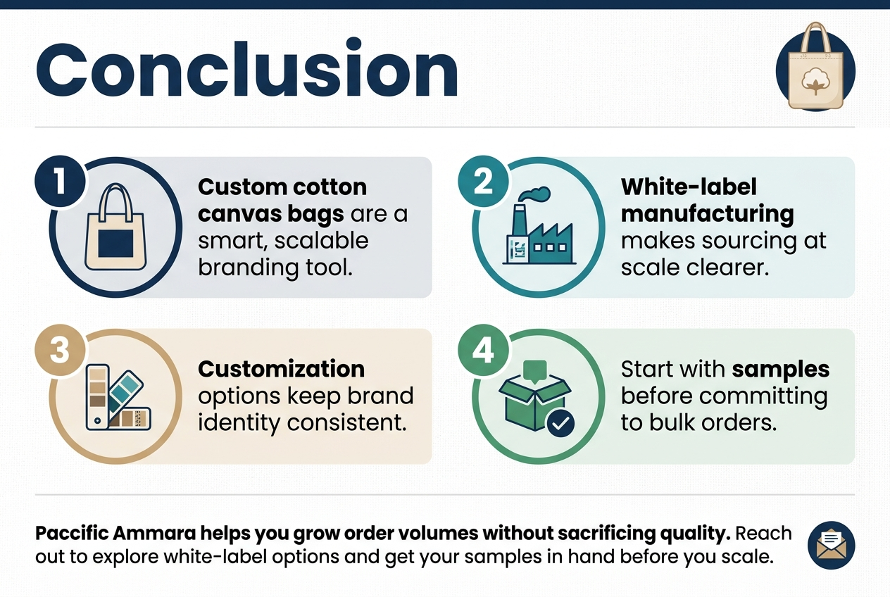 Create a full-bleed professional infographic illustration in a 3:2 aspect ratio, clean modern B2B style, with a bold top heading in large sans-serif text: "Conclusion". Use a white background with deep navy, teal, and warm beige accents, subtle cotton-fabric texture, and crisp flat vector icons. Top section: a wide header band with a large title on the left and a small illustrative icon on the right showing a cotton canvas tote bag. Below the title, organize the content into 4 wide horizontal numbered blocks across the page, using a balanced two-column grid with clear spacing, not a narrow vertical stack. Block 1 on the upper left: a navy circle with number "1" and a tote bag icon. Text: "Custom cotton canvas bags are a smart, scalable branding tool." Block 2 on the upper right: a teal circle with number "2" and a factory/production icon. Text: "White-label manufacturing makes sourcing at scale clearer." Block 3 on the lower left: a beige circle with number "3" and a customization icon with print swatches and stitching. Text: "Customization options keep brand identity consistent." Block 4 on the lower right: a green circle with number "4" and a sample box/checkmark icon. Text: "Start with samples before committing to bulk orders." Add a bottom banner spanning the full width with a call-to-action and a small envelope or contact icon on the right. Text in bold: "Paccific Ammara helps you grow order volumes without sacrificing quality. Reach out to explore white-label options and get your samples in hand before you scale." Use strong visual hierarchy, bold headings, medium-weight body text, and clean iconography. Keep the layout spacious, polished, and easy to scan.