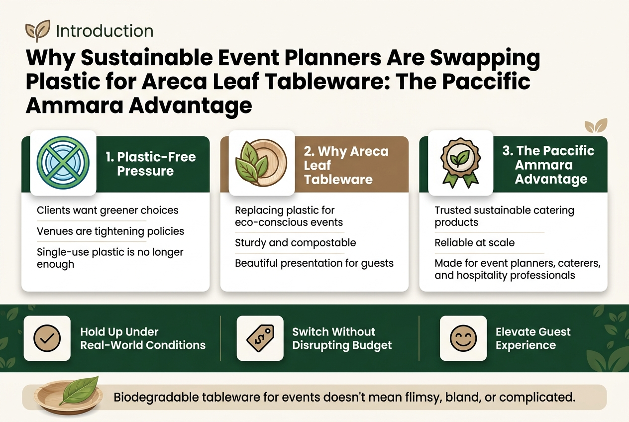 Why Sustainable Event Planners Are Swapping Plastic for Areca Leaf Tableware: The Paccific Ammara Advantage Create a full-bleed landscape infographic in 3:2 aspect ratio with a clean modern eco-friendly design, using deep green, warm beige, natural brown, and white accents. Use a bold sans-serif headline at the top left with a leaf icon beside it. Top header text: "Introduction" Main title beneath it in large bold text: "Why Sustainable Event Planners Are Swapping Plastic for Areca Leaf Tableware: The Paccific Ammara Advantage" Below the title, create a wide three-column section across the center of the layout with numbered blocks and matching icons: Left block: A blue-and-green circular icon with a plastic plate crossed out, and the heading: "1. Plastic-Free Pressure" Include short supporting text in smaller clean font: "Clients want greener choices" "Venues are tightening policies" "Single-use plastic is no longer enough" Middle block: A natural leaf-and-plate icon, and the heading: "2. Why Areca Leaf Tableware" Include supporting text: "Replacing plastic for eco-conscious events" "Sturdy and compostable" "Beautiful presentation for guests" Right block: A premium badge icon with a leaf and shield, and the heading: "3. The Paccific Ammara Advantage" Include supporting text: "Trusted sustainable catering products" "Reliable at scale" "Made for event planners, caterers, and hospitality professionals" Across the lower third, add a wide horizontal feature strip with three smaller icon cards spaced evenly: First card with a checkmark icon and text: "Hold Up Under Real-World Conditions" Second card with a budget tag icon and text: "Switch Without Disrupting Budget" Third card with a guest smile icon and text: "Elevate Guest Experience" At the bottom, include a subtle concluding callout bar with a compostable leaf plate illustration on the left and the text: "Biodegradable tableware for events doesn't mean flimsy, bland, or complicated." Use clear hierarchy, strong spacing, crisp typography, and professional editorial infographic styling. Keep the layout wide and balanced, with no centered vertical poster stack. Include small leaf patterns and soft shadowed panels for a polished sustainable branding look.