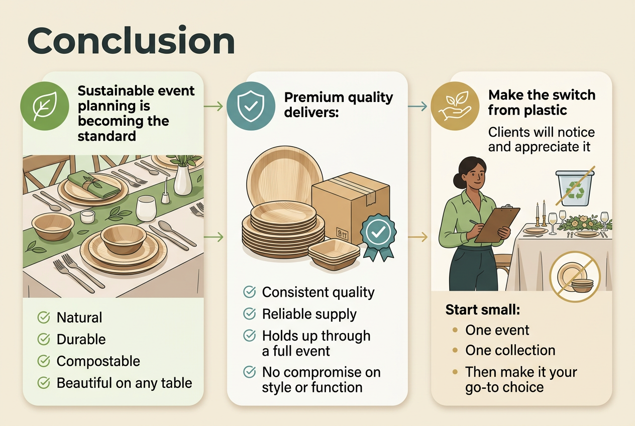 Why Sustainable Event Planners Are Swapping Plastic for Areca Leaf Tableware: The Paccific Ammara Advantage Create a clean, professional full-bleed infographic illustration in a 3:2 aspect ratio with a wide horizontal layout, modern eco-friendly style, and no vertical poster frame. Use a soft natural color palette of leaf green, warm beige, cream, and dark charcoal text. Include a bold top heading in large sans-serif font: "Conclusion". Arrange the content in three wide horizontal sections or columns with clear visual hierarchy and simple line icons: Left section: A large eco-themed table setting illustration with areca leaf plates, bowls, and cutlery on a stylish event table. Add a green circular icon with a leaf. Include the text: "Sustainable event planning is becoming the standard" "Natural" "Durable" "Compostable" "Beautiful on any table" Center section: A premium quality supply illustration with stacked areca leaf tableware, a delivery box, and a checkmark badge. Add a blue-green circular icon with a shield and checkmark. Include the text: "Paccific Ammara delivers:" "Consistent quality" "Reliable supply" "Holds up through a full event" "No compromise on style or function" Right section: A confident event planner holding a clipboard next to a decorated event table, with a small plastic bin crossed out and replaced by eco tableware. Add a gold circular icon with a hand and leaf. Include the text: "Make the switch from plastic" "Clients will notice and appreciate it" "Start small:" "One event" "One collection" "Then make it your go-to choice" Use subtle arrows or connecting lines flowing left to right to show progression from sustainable choice to reliable supply to switch now. Keep all text crisp, readable, and evenly spaced. Use rounded rectangular content blocks with soft shadows, minimal clutter, and elegant eco-luxury visuals.