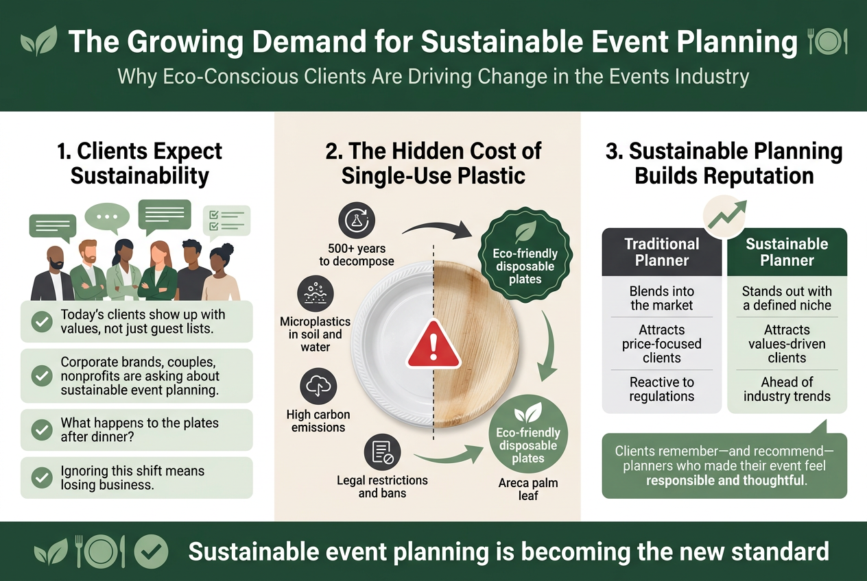 Why Sustainable Event Planners Are Swapping Plastic for Areca Leaf Tableware: The Paccific Ammara Advantage Create a clean, professional full-bleed infographic in landscape 3:2 aspect ratio with a modern eco-friendly color palette of deep green, sage, white, charcoal, and soft beige. Use bold sans-serif typography for headings and smaller legible sans-serif text for body copy. No borders or poster frame. Wide horizontal layout with three main sections across the page. TOP HEADER BAR: Large bold title centered across the top: "The Growing Demand for Sustainable Event Planning" Smaller subtitle directly below: "Why Eco-Conscious Clients Are Driving Change in the Events Industry" Add a leaf icon and subtle tableware icon beside the title. LEFT SECTION: Heading: "1. Clients Expect Sustainability" Show a diverse group of clients with speech bubbles and checklist icons. Include short text blocks: "Today's clients show up with values, not just guest lists." "Corporate brands, couples, nonprofits are asking about sustainable event planning." "What happens to the plates after dinner?" "Ignoring this shift means losing business." Use a green checkmark icon for each value-driven point. CENTER SECTION: Heading: "2. The Hidden Cost of Single-Use Plastic" Use a split visual with a plastic plate on one side and an eco-friendly palm leaf plate on the other. Add four icon callouts around the plastic plate: "500+ years to decompose" "Microplastics in soil and water" "High carbon emissions" "Legal restrictions and bans" Place a red warning triangle near the plastic plate and a green leaf badge near the eco-friendly plate labeled: "Eco-friendly disposable plates" "Areca palm leaf" Use arrows showing replacement from plastic to sustainable tableware. RIGHT SECTION: Heading: "3. Sustainable Planning Builds Reputation" Show a clean comparison block with two columns and a small upward arrow growth icon. Left column title: "Traditional Planner" - "Blends into the market" - "Attracts price-focused clients" - "Reactive to regulations" Right column title: "Sustainable Planner" - "Stands out with a defined niche" - "Attracts values-driven clients" - "Ahead of industry trends" Below the comparison, add a testimonial-style callout in a green box: "Clients remember—and recommend—planners who made their event feel responsible and thoughtful." BOTTOM STRIP: A horizontal closing banner with eco icons of leaf, plate, and checkmark, and the text: "Sustainable event planning is becoming the new standard" Use strong visual hierarchy, generous spacing, clean iconography, and wide horizontal sections with clear labels and readable text.