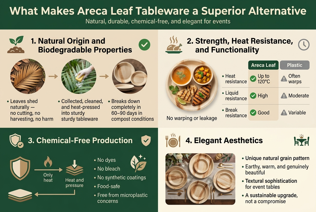 Why Sustainable Event Planners Are Swapping Plastic for Areca Leaf Tableware: The Paccific Ammara Advantage Create a clean, professional full-bleed infographic in a 3:2 aspect ratio with a modern eco-friendly palette of deep green, warm beige, natural brown, and soft cream. Use a wide horizontal layout with four clear sections across the canvas, bold typography, subtle natural textures, and simple flat vector icons. Top header spanning the full width: Large bold title text: "What Makes Areca Leaf Tableware a Superior Alternative" Small subtitle beneath: "Natural, durable, chemical-free, and elegant for events" Section 1 on the upper left with a leaf and compost icon: Heading: "1. Natural Origin and Biodegradable Properties" Include a visual sequence of a fallen areca palm leaf, a cleaning step, and pressed tableware plates. Add short text bullets: • "Leaves shed naturally — no cutting, no harvesting, no harm" • "Collected, cleaned, and heat-pressed into sturdy tableware" • "Breaks down completely in 60–90 days in compost conditions" Section 2 on the upper right with a heat and food icon: Heading: "2. Strength, Heat Resistance, and Functionality" Show a plate holding hot soup, curry, and grilled food with no warping or leakage. Include a simple comparison table with two columns labeled "Areca Leaf" and "Plastic": • "Heat resistance" — "Up to 120°C" — "Often warps" • "Liquid resistance" — "High" — "Moderate" • "Break resistance" — "Good" — "Variable" Use green check icons for Areca Leaf and gray warning icons for Plastic. Section 3 on the lower left with a shield and clean-process icon: Heading: "3. Chemical-Free Production" Show a simple production flow using only heat and pressure. Add text: • "No dyes" • "No bleach" • "No synthetic coatings" • "Food-safe" • "Free from microplastic concerns" Use a shield icon and a leaf-with-sparkle icon. Section 4 on the lower right with an elegant table setting icon: Heading: "4. Elegant Aesthetics" Display multiple plates with unique natural grain patterns on a stylish event table setting. Add text: • "Unique natural grain pattern" • "Earthy, warm, and genuinely beautiful" • "Textural sophistication for event tables" • "A sustainable upgrade, not a compromise" Include small supporting labels and icons throughout: leaf, checkmark, clock, heat wave, shield, plate, compost, sparkle, and table setting. Keep all text crisp, readable, and aligned in neat blocks. Use wide spacing, strong visual hierarchy, and no vertical poster frame layout.