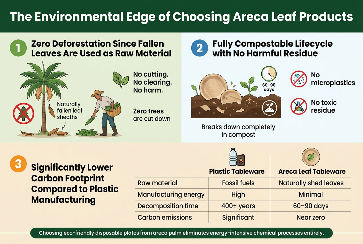 Why Sustainable Event Planners Are Swapping Plastic for Areca Leaf Tableware: The Paccific Ammara Advantage Create a clean, modern full-bleed infographic illustration in a 3:2 aspect ratio with an eco-friendly palette of deep green, leaf green, soft beige, white, and charcoal text, using a bold sans-serif font for headings and a readable sans-serif for body text. Top banner across the full width: Large bold title in dark green: "The Environmental Edge of Choosing Areca Leaf Products" Below the title, divide the infographic into three wide horizontal sections with clear numbered labels, icons, and strong visual hierarchy: Section 1 on the left half, labeled "1" in a green circle: Heading: "Zero Deforestation Since Fallen Leaves Are Used as Raw Material" Show an areca palm tree with naturally fallen leaf sheaths on the ground, a farmer collecting leaves from the ground with a basket, and a red crossed-out tree-cutting icon. Include a small leaf icon and the text: "No cutting. No clearing. No harm." Add a short caption beneath: "Zero trees are cut down" Section 2 on the right half, labeled "2" in a blue circle: Heading: "Fully Compostable Lifecycle with No Harmful Residue" Show used areca leaf plates breaking down in compost soil with sprouts and a compost symbol, plus a small clock icon marked "60–90 days". Include small icons for no microplastics and no chemical leaching using crossed-out plastic particles and crossed-out chemical droplet symbols. Add the text: "Breaks down completely in compost" and "No toxic residue" Bottom wide section spanning the full width, labeled "3" in an orange circle: Heading: "Significantly Lower Carbon Footprint Compared to Plastic Manufacturing" Display a clean side-by-side comparison table with two columns titled "Plastic Tableware" and "Areca Leaf Tableware". Use simple icons above each column: a plastic bottle/fossil fuel icon on the left and a leaf plate icon on the right. Include these rows exactly: "Raw material | Fossil fuels | Naturally shed leaves" "Manufacturing energy | High | Minimal" "Decomposition time | 400+ years | 60–90 days" "Carbon emissions | Significant | Near zero" Add a small concluding callout bar near the bottom in dark green with white text: "Choosing eco-friendly disposable plates from areca palm eliminates energy-intensive chemical processes entirely." Style requirements: Use flat vector infographic style, crisp lines, subtle shadows, well-spaced blocks, clear icons, high contrast, professional corporate sustainability design, no frame, no border, no vertical poster layout, no crowded text, no extra objects.