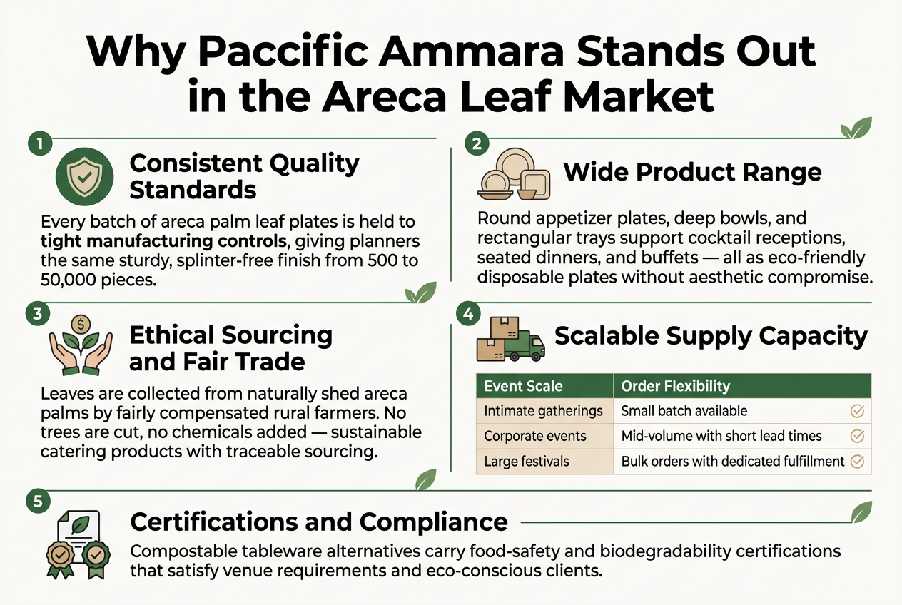 Why Sustainable Event Planners Are Swapping Plastic for Areca Leaf Tableware: The Paccific Ammara Advantage Create a full-bleed 3:2 landscape infographic with a clean professional eco-premium style, using a white background with deep green, warm beige, and dark charcoal accents. Use modern sans-serif fonts with a bold headline and clear section hierarchy. Place a large title across the top: "Why Paccific Ammara Stands Out in the Areca Leaf Market". Below the title, arrange five wide horizontal content blocks in a balanced multi-column layout, not a narrow vertical stack. Use simple flat vector icons, subtle dividers, and checkmark markers. Keep all text crisp and legible. Section 1 on the upper left: a green circle icon with a shield and checkmark. Heading: "Consistent Quality Standards". Body text: "Every batch of areca palm leaf plates is held to tight manufacturing controls, giving planners the same sturdy, splinter-free finish from 500 to 50,000 pieces." Section 2 on the upper right: an icon showing assorted plate shapes. Heading: "Wide Product Range". Body text: "Round appetizer plates, deep bowls, and rectangular trays support cocktail receptions, seated dinners, and buffets — all as eco-friendly disposable plates without aesthetic compromise." Section 3 across the middle left: an icon of hands holding a leaf with a small coin and leaf symbol. Heading: "Ethical Sourcing and Fair Trade". Body text: "Leaves are collected from naturally shed areca palms by fairly compensated rural farmers. No trees are cut, no chemicals added — sustainable catering products with traceable sourcing." Section 4 across the middle right: an icon of stacked boxes and a delivery truck. Heading: "Scalable Supply Capacity". Include a clean mini table with two columns titled "Event Scale" and "Order Flexibility". Rows: "Intimate gatherings | Small batch available", "Corporate events | Mid-volume with short lead times", "Large festivals | Bulk orders with dedicated fulfillment". Use small check icons beside each row. Section 5 across the bottom as a full-width band: an icon with certification badges and a leaf. Heading: "Certifications and Compliance". Body text: "Compostable tableware alternatives carry food-safety and biodegradability certifications that satisfy venue requirements and eco-conscious clients." Use thin green lines, subtle leaf motifs, and spacious alignment. Keep the layout clean, modern, and highly readable, with bold section headers and smaller body copy. No photo backgrounds, no shadows-heavy effects, no frames.