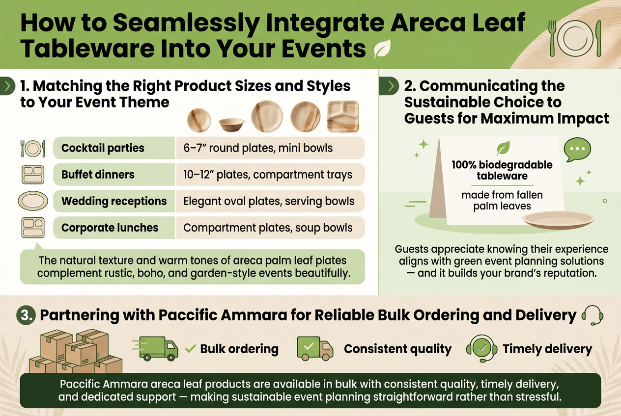 Why Sustainable Event Planners Are Swapping Plastic for Areca Leaf Tableware: The Paccific Ammara Advantage Create a full-bleed infographic illustration in a 3:2 aspect ratio with a clean, professional, modern eco-friendly style. Use a warm natural palette of leaf green, beige, cream, light brown, and dark charcoal text. Use bold sans-serif fonts for headings and smaller readable sans-serif body text. Include subtle areca leaf texture patterns and simple flat icons. Top header across the full width: Large bold title text: "How to Seamlessly Integrate Areca Leaf Tableware Into Your Events" Add a small leaf icon and a minimal tableware icon near the title. Below the header, divide the layout into three wide horizontal sections with clear visual hierarchy and icon markers: Section 1 on the left half and center area: "1. Matching the Right Product Sizes and Styles to Your Event Theme" Place a clean comparison block with four event rows, each row paired with a small tableware icon: - "Cocktail parties" — "6–7\" round plates, mini bowls" - "Buffet dinners" — "10–12\" plates, compartment trays" - "Wedding receptions" — "Elegant oval plates, serving bowls" - "Corporate lunches" — "Compartment plates, soup bowls" Include a small visual strip of areca leaf plates and bowls in different shapes and sizes above or beside the rows. Add a short highlighted line below the rows in a soft green callout box: "The natural texture and warm tones of areca palm leaf plates complement rustic, boho, and garden-style events beautifully." Section 2 in the upper-right or mid-right panel: "2. Communicating the Sustainable Choice to Guests for Maximum Impact" Show a table card standing next to a plate with a small leaf icon and a speech bubble icon. Include these exact lines on the card: "100% biodegradable tableware" "made from fallen palm leaves" Add a smaller supporting text block beneath: "Guests appreciate knowing their experience aligns with green event planning solutions — and it builds your brand's reputation." Use subtle green accents and a clean conversational layout with tiny star or sparkle markers to suggest guest engagement. Section 3 across the bottom in a wide banner-style panel: "3. Partnering with Paccific Ammara for Reliable Bulk Ordering and Delivery" Show stacked bulk boxes, a delivery truck icon, and a support headset icon. Include three short checkmarked benefit lines: "Bulk ordering" "Consistent quality" "Timely delivery" Add a final line in a dark green emphasis bar: "Paccific Ammara areca leaf products are available in bulk with consistent quality, timely delivery, and dedicated support — making sustainable event planning straightforward rather than stressful." Use clear section dividers, balanced spacing, and a wide horizontal infographic composition. Avoid centered vertical stacking. Keep all text legible and exactly as written. No extra text.