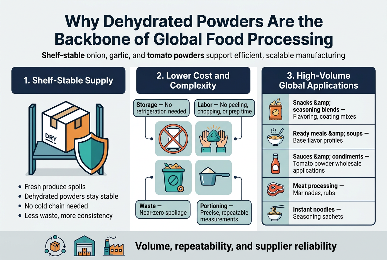 The Global Food Processor’s Guide to Onion Powder, Garlic Powder, and Tomato Powder: Quality, Consistency, and Scale with Shreemzo Exim Create a clean professional full-bleed infographic illustration in 3:2 aspect ratio with a modern industrial food-processing aesthetic, using navy blue, teal, orange, white, and light gray. Use a wide horizontal layout with three main content blocks across the page, not a vertical poster. Bold sans-serif headline at the top center: "Why Dehydrated Powders Are the Backbone of Global Food Processing". Add a smaller subtitle under the headline: "Shelf-stable onion, garlic, and tomato powders support efficient, scalable manufacturing". Left section: "1. Shelf-Stable Supply" with a large icon of a dry storage box, a shelf, and a shield. Include short bullet text: "Fresh produce spoils" "Dehydrated powders stay stable" "No cold chain needed" "Less waste, more consistency" Center section: "2. Lower Cost and Complexity" with four small illustrated icons in a 2x2 grid: refrigerator crossed out, worker hands, zero-waste bin, measuring scoop. Include four labeled callouts: "Storage — No refrigeration needed" "Labor — No peeling, chopping, or prep time" "Waste — Near-zero spoilage" "Portioning — Precise, repeatable measurements" Right section: "3. High-Volume Global Applications" with a clean table-like block and small icons for each industry. Include the heading and rows: "Snacks & seasoning blends — Flavoring, coating mixes" "Ready meals & soups — Base flavor profiles" "Sauces & condiments — Tomato powder wholesale applications" "Meat processing — Marinades, rubs" "Instant noodles — Seasoning sachets" Add a slim bottom band across the full width with a supply-chain icon, warehouse icon, and factory icon, plus the text: "Volume, repeatability, and supplier reliability". Use clear hierarchy, strong spacing, crisp infographics, subtle shadows, minimal texture, and easy-to-read white text on dark panels. No people. No photo collage. No decorative frame.