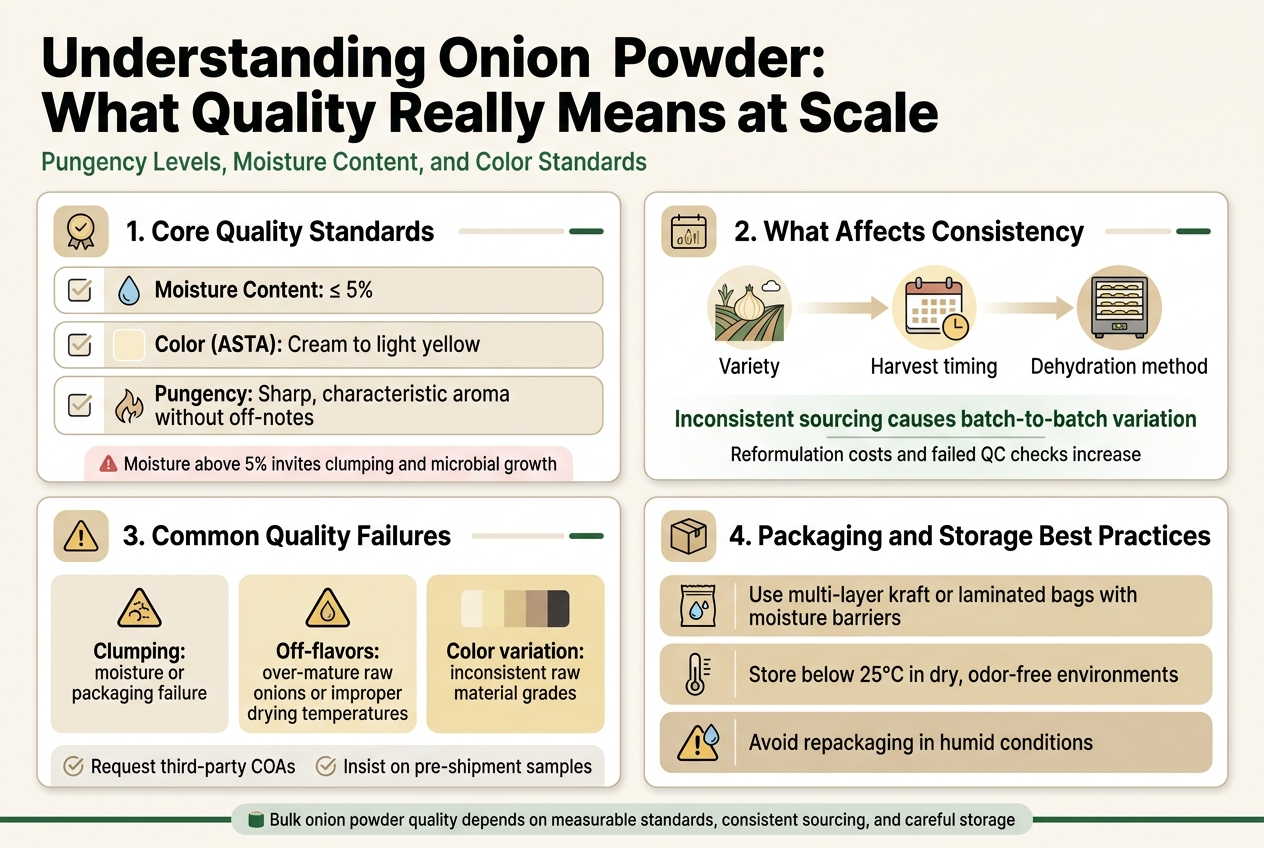 The Global Food Processor’s Guide to Onion Powder, Garlic Powder, and Tomato Powder: Quality, Consistency, and Scale with Shreemzo Exim Create a full-bleed professional infographic illustration in a 3:2 aspect ratio, with a clean modern food-industry design, white background with muted beige, cream, light yellow, dark charcoal, and deep green accents, using bold sans-serif fonts for headings and smaller readable sans-serif body text. Top banner across the full width: Large bold title centered-left in dark charcoal: "Understanding Onion Powder: What Quality Really Means at Scale" Small subtitle beneath it in green: "Pungency Levels, Moisture Content, and Color Standards" Main layout: wide horizontal multi-section infographic with 4 clear panels arranged in a 2x2 grid, each panel with an icon, section heading, and short bullets. Use thin dividers, rounded cards, and small accent lines. Include simple flat icons with subtle shadows. Top-left panel: Heading: "1. Core Quality Standards" Place three stacked checklist items with small icons: - A water droplet icon next to "Moisture Content: ≤ 5%" - A cream-colored swatch icon next to "Color (ASTA): Cream to light yellow" - A pungency/aroma icon next to "Pungency: Sharp, characteristic aroma without off-notes" Add a small warning note in a pale red callout box at bottom: "Moisture above 5% invites clumping and microbial growth" Top-right panel: Heading: "2. What Affects Consistency" Show a horizontal flow graphic with three small illustrated icons and labels: - Onion field icon with label "Variety" - Calendar/harvest icon with label "Harvest timing" - Dehydrator/drying rack icon with label "Dehydration method" Below, add a bold line in dark green: "Inconsistent sourcing causes batch-to-batch variation" And a smaller line: "Reformulation costs and failed QC checks increase" Bottom-left panel: Heading: "3. Common Quality Failures" Show three labeled failure blocks with warning icons: - Clumping icon and label "Clumping: moisture or packaging failure" - Flavor drop icon and label "Off-flavors: over-mature raw onions or improper drying temperatures" - Color gradient icon and label "Color variation: inconsistent raw material grades" Add a small checklist strip at the bottom with a checkmark icon: "Request third-party COAs" "Insist on pre-shipment samples" Bottom-right panel: Heading: "4. Packaging and Storage Best Practices" Show three wide horizontal recommendation rows with icons: - Moisture-barrier bag icon with label "Use multi-layer kraft or laminated bags with moisture barriers" - Thermometer icon with label "Store below 25°C in dry, odor-free environments" - Humidity warning icon with label "Avoid repackaging in humid conditions" Include a bottom footer strip across the full width with a subtle green accent line and a small summary badge: "Bulk onion powder quality depends on measurable standards, consistent sourcing, and careful storage" Use a polished editorial infographic style, crisp edges, clear hierarchy, balanced spacing, and readable text. No people, no photo backgrounds, no frame, no vertical poster layout.