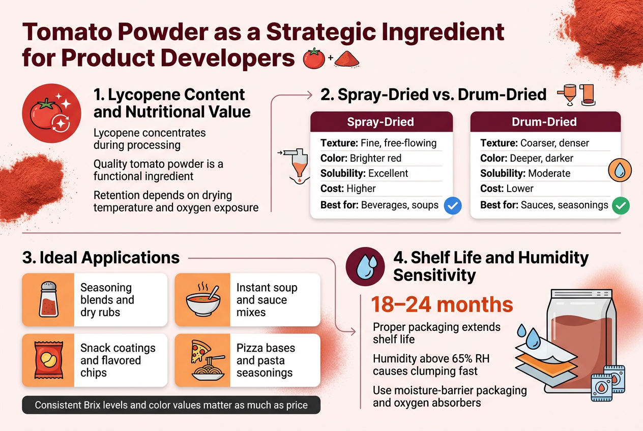 The Global Food Processor’s Guide to Onion Powder, Garlic Powder, and Tomato Powder: Quality, Consistency, and Scale with Shreemzo Exim Create a clean, professional full-bleed infographic illustration in a 3:2 aspect ratio, wide horizontal layout, with a modern food-industry design. Use a white background with tomato red, deep burgundy, orange, and dark gray accents. Use bold sans-serif typography for headings and smaller readable sans-serif text for body copy. Arrange content in four wide sections across the canvas, not a vertical poster. Top banner across the full width: Large bold title centered-left in dark red: "Tomato Powder as a Strategic Ingredient for Product Developers" Place small tomato and powder ingredient icons near the title. Section 1 on the upper left, with a red circular icon showing a tomato and antioxidant sparkle: Heading: "1. Lycopene Content and Nutritional Value" Body text in short lines: "Lycopene concentrates during processing" "Quality tomato powder is a functional ingredient" "Retention depends on drying temperature and oxygen exposure" Section 2 on the upper center-right, with two side-by-side comparison cards and simple process icons: Heading: "2. Spray-Dried vs. Drum-Dried" Left card title: "Spray-Dried" Add labels: "Texture: Fine, free-flowing" "Color: Brighter red" "Solubility: Excellent" "Cost: Higher" "Best for: Beverages, soups" Right card title: "Drum-Dried" Add labels: "Texture: Coarser, denser" "Color: Deeper, darker" "Solubility: Moderate" "Cost: Lower" "Best for: Sauces, seasonings" Use a blue or green check icon next to the best-for lines and a droplet icon near solubility. Section 3 across the lower left and center, with a grid of four small illustrated application tiles: Heading: "3. Ideal Applications" Tile 1 text: "Seasoning blends and dry rubs" Tile 2 text: "Instant soup and sauce mixes" Tile 3 text: "Snack coatings and flavored chips" Tile 4 text: "Pizza bases and pasta seasonings" Use icons for each tile: spice shaker, soup bowl, chip bag, pizza slice/pasta bowl. Add a small note bar beneath in dark gray text: "Consistent Brix levels and color values matter as much as price" Section 4 on the lower right, with a moisture droplet icon and a packaging illustration: Heading: "4. Shelf Life and Humidity Sensitivity" Large highlighted stat text: "18–24 months" Supporting lines: "Proper packaging extends shelf life" "Humidity above 65% RH causes clumping fast" "Use moisture-barrier packaging and oxygen absorbers" Show a sealed bulk bag, moisture barrier layers, and small oxygen absorber icons. Add subtle arrows and connectors between sections to imply product development decisions. Use red tomato powder texture swatches or soft powder gradients as decorative accents. Keep the layout balanced, spacious, and easy to read, with clear hierarchy and crisp infographic styling.