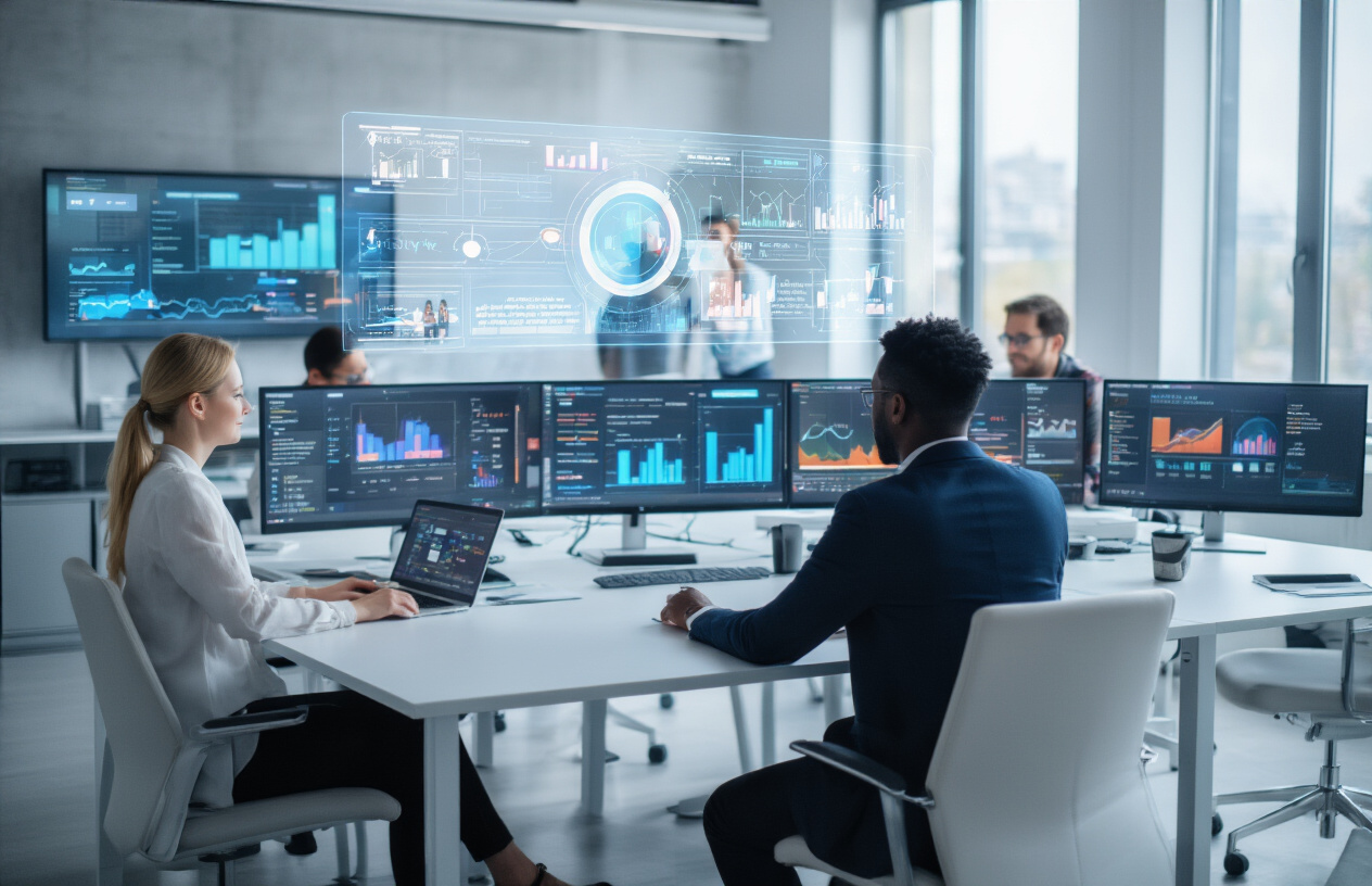 Create a realistic image of a modern office setting with a diverse group of professionals including a white female marketing manager and a black male data analyst working together at a sleek conference table, surrounded by multiple computer screens displaying colorful data visualizations, customer analytics dashboards, and AI interface elements, with holographic-style digital projections of customer journey maps and engagement metrics floating above the table, complemented by contemporary office furniture, large windows with natural lighting, and a clean, high-tech atmosphere that conveys innovation and digital transformation, absolutely NO text should be in the scene.