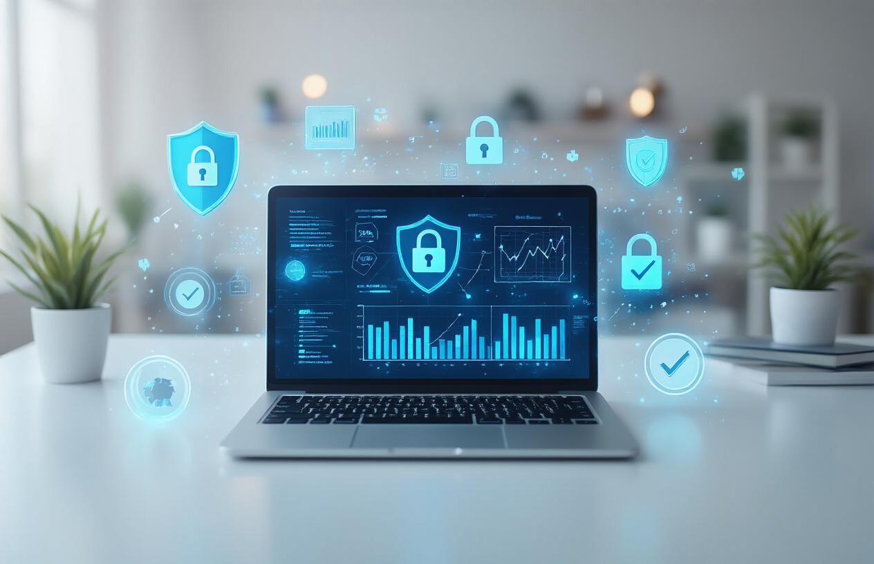 Create a realistic image of a modern digital workspace showing privacy-focused data collection concepts with a sleek laptop displaying abstract data visualization charts and graphs, surrounded by symbolic elements like shield icons, lock symbols, and privacy checkmarks floating in a soft blue holographic style, complemented by clean minimalist office environment with soft ambient lighting, contemporary desk setup, and a subtle futuristic atmosphere that conveys trust and security in digital marketing practices, absolutely NO text should be in the scene.