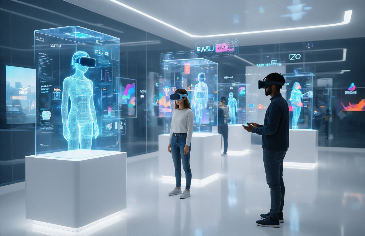 Create a realistic image of a modern tech showroom with holographic displays and VR headsets on sleek white pedestals, featuring a diverse group including a white female and black male wearing VR headsets and interacting with floating 3D product holograms, while augmented reality interfaces project colorful brand logos and interactive elements into the air around them, set against a minimalist futuristic background with soft blue ambient lighting and glass surfaces reflecting the digital projections, capturing the cutting-edge atmosphere of immersive brand technology experiences, absolutely NO text should be in the scene.
