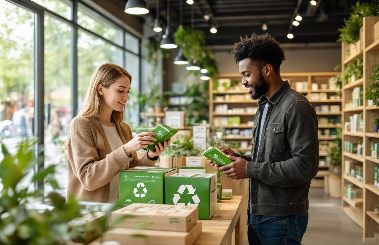 Create a realistic image of a diverse group of consumers including a white female and black male examining eco-friendly products with green packaging and recycling symbols in a modern sustainable retail store with natural wood displays, LED lighting, and living plants in the background, showing engaged facial expressions as they make conscious purchasing decisions, with warm natural lighting streaming through large windows. Absolutely NO text should be in the scene.