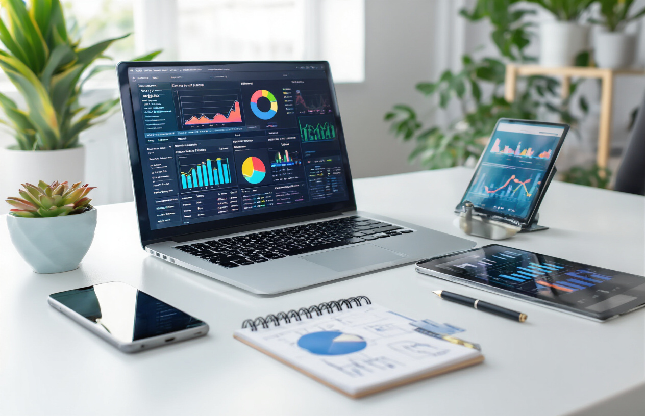 Create a realistic image of a modern office desk with a laptop displaying colorful digital marketing analytics dashboards and graphs, surrounded by a smartphone, tablet, and notepad with marketing strategy sketches, set against a clean white background with soft natural lighting from the side, conveying a forward-thinking and professional atmosphere of digital marketing innovation and planning for the future, absolutely NO text should be in the scene.