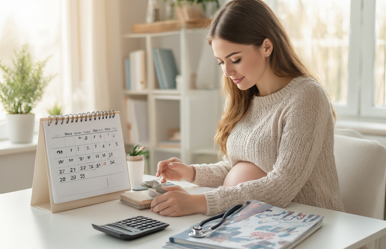 Create a realistic image of a pregnant white woman sitting at a clean desk, looking at a calendar with marked dates while holding a calculator, with soft natural lighting from a window, medical pregnancy books and a stethoscope visible on the desk, warm and peaceful atmosphere, absolutely NO text should be in the scene.