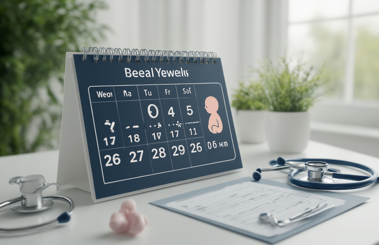 Create a realistic image of a digital calendar interface displaying pregnancy weeks and months with highlighted dates, surrounded by medical calculation symbols, a stethoscope, and pregnancy-related icons like a baby silhouette, all arranged on a clean white medical desk surface with soft natural lighting from a window, creating a professional healthcare atmosphere, absolutely NO text should be in the scene.
