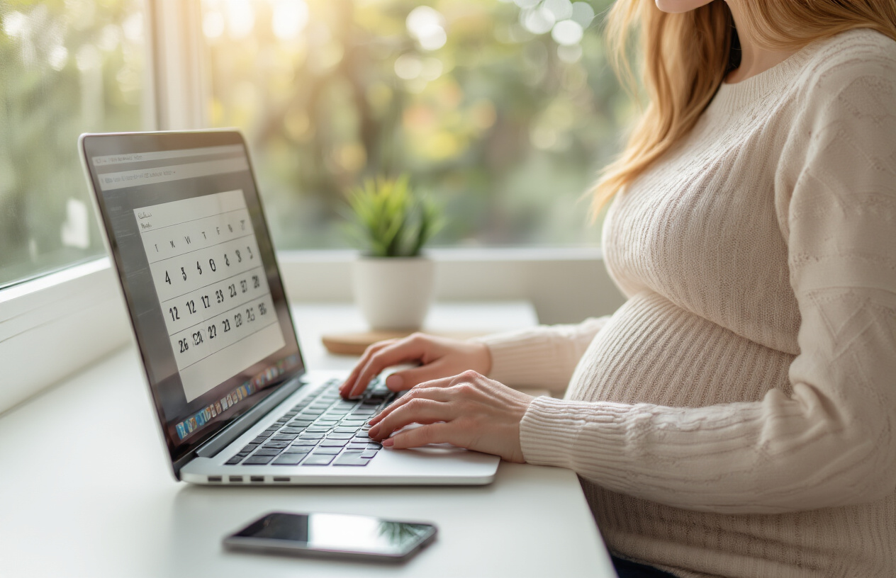 Create a realistic image of a pregnant white woman sitting at a clean, modern desk looking at a laptop computer screen, with her hands positioned on the keyboard as if entering information, a smartphone displaying a calendar app placed nearby on the desk, soft natural lighting coming through a window in the background creating a warm and focused atmosphere, absolutely NO text should be in the scene.