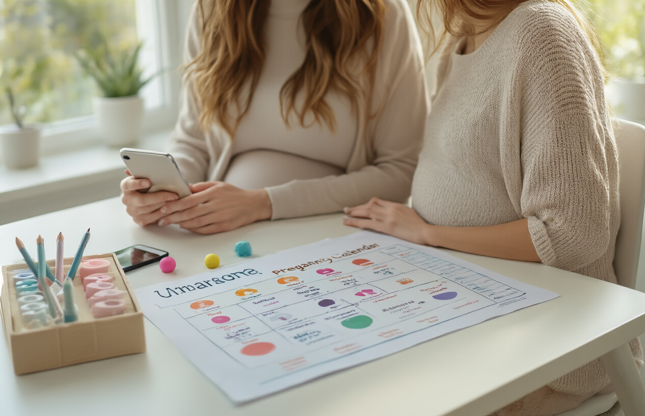Create a realistic image of a pregnant white woman sitting at a clean, modern desk looking at a detailed pregnancy calendar or timeline chart spread out in front of her, with colorful milestone markers showing different pregnancy stages, a smartphone displaying a pregnancy app nearby, soft natural lighting coming through a window, creating a warm and organized atmosphere that conveys planning and anticipation, absolutely NO text should be in the scene.