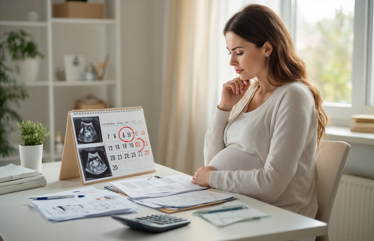Create a realistic image of a pregnant white woman sitting at a desk looking thoughtfully at a calendar with circled dates, surrounded by medical documents, ultrasound images, and a calculator, with soft natural lighting from a window creating a contemplative mood in a clean, organized home office setting, Absolutely NO text should be in the scene.