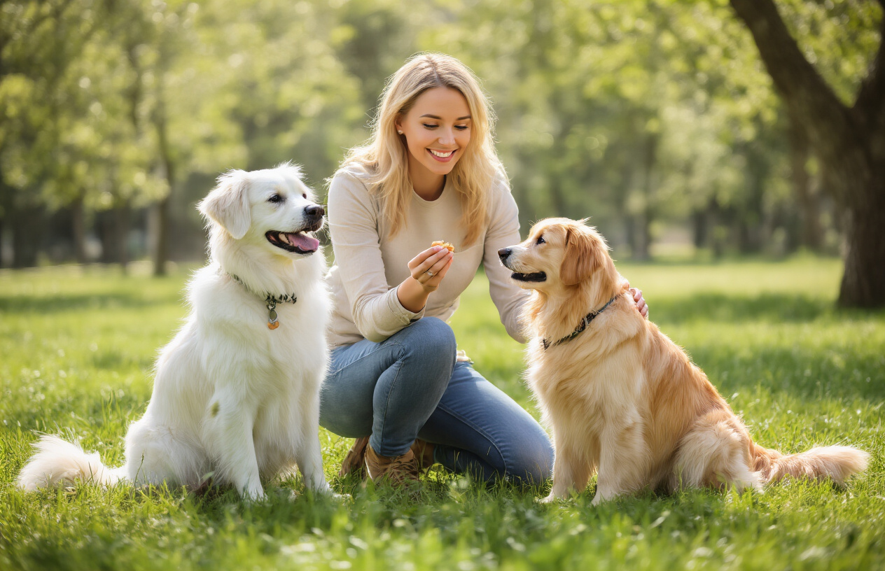 Create a realistic image of a white female dog trainer in her 30s sitting outdoors in a sunny park setting, holding a small treat while training a golden retriever that is sitting attentively and looking up at her expectantly, with the trainer smiling warmly and the dog's tail wagging, surrounded by green grass and trees in soft natural lighting that conveys a positive and encouraging training atmosphere, absolutely NO text should be in the scene.