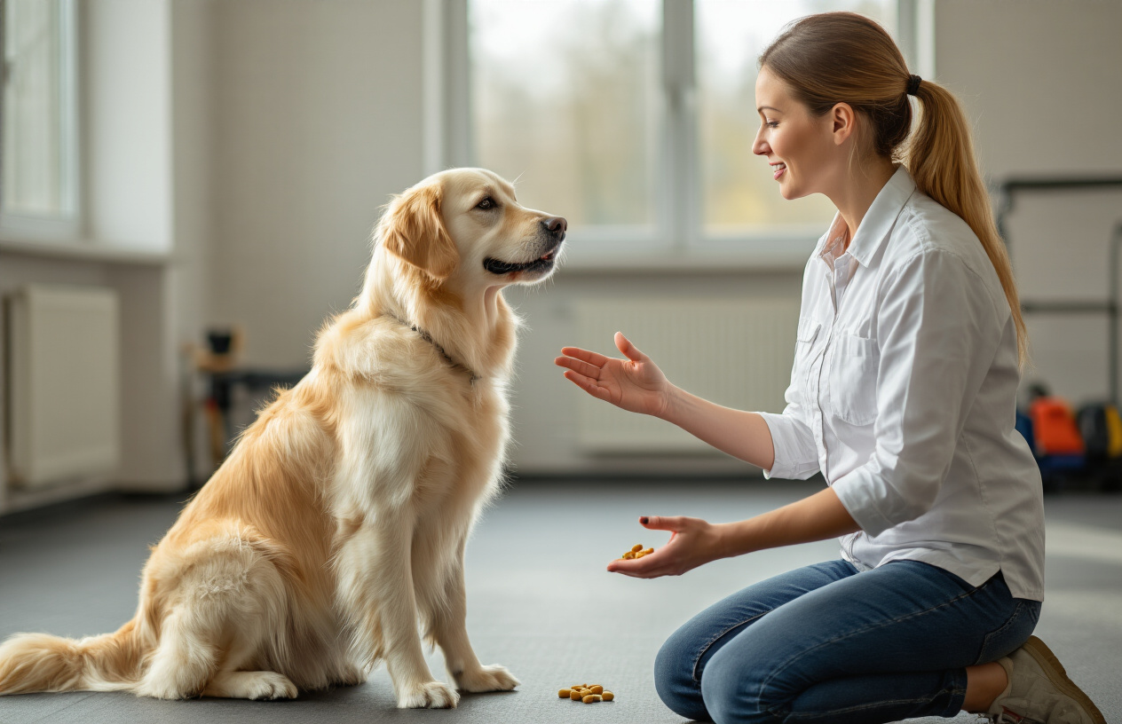 Create a realistic image of a white female dog trainer in her 30s kneeling beside a golden retriever in a bright, clean training room, making clear hand gestures while the attentive dog sits in perfect position looking up at her, with training treats visible in her other hand, soft natural lighting streaming through windows, professional training equipment subtly placed in the background, capturing a moment of focused communication between human and dog, Absolutely NO text should be in the scene.