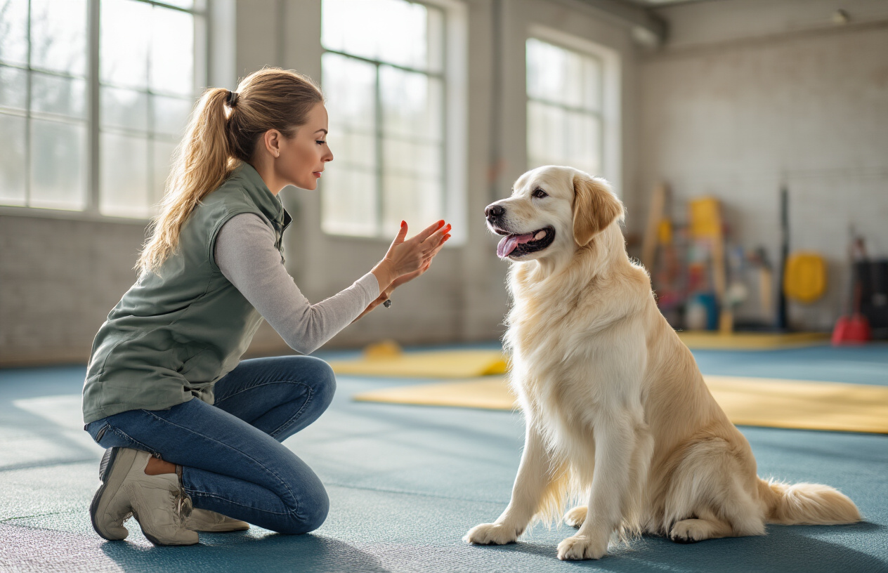 Create a realistic image of a white female dog trainer in her 30s demonstrating perfect timing during a training session with a golden retriever, she is captured mid-gesture with her hand raised holding a treat at the exact moment the dog is sitting, showing the precise synchronization between command and reward, the scene takes place in a bright indoor training facility with natural lighting from large windows, exercise mats on the floor, and training equipment visible in the background, the mood is focused and educational with both trainer and dog displaying concentration and engagement, absolutely NO text should be in the scene.