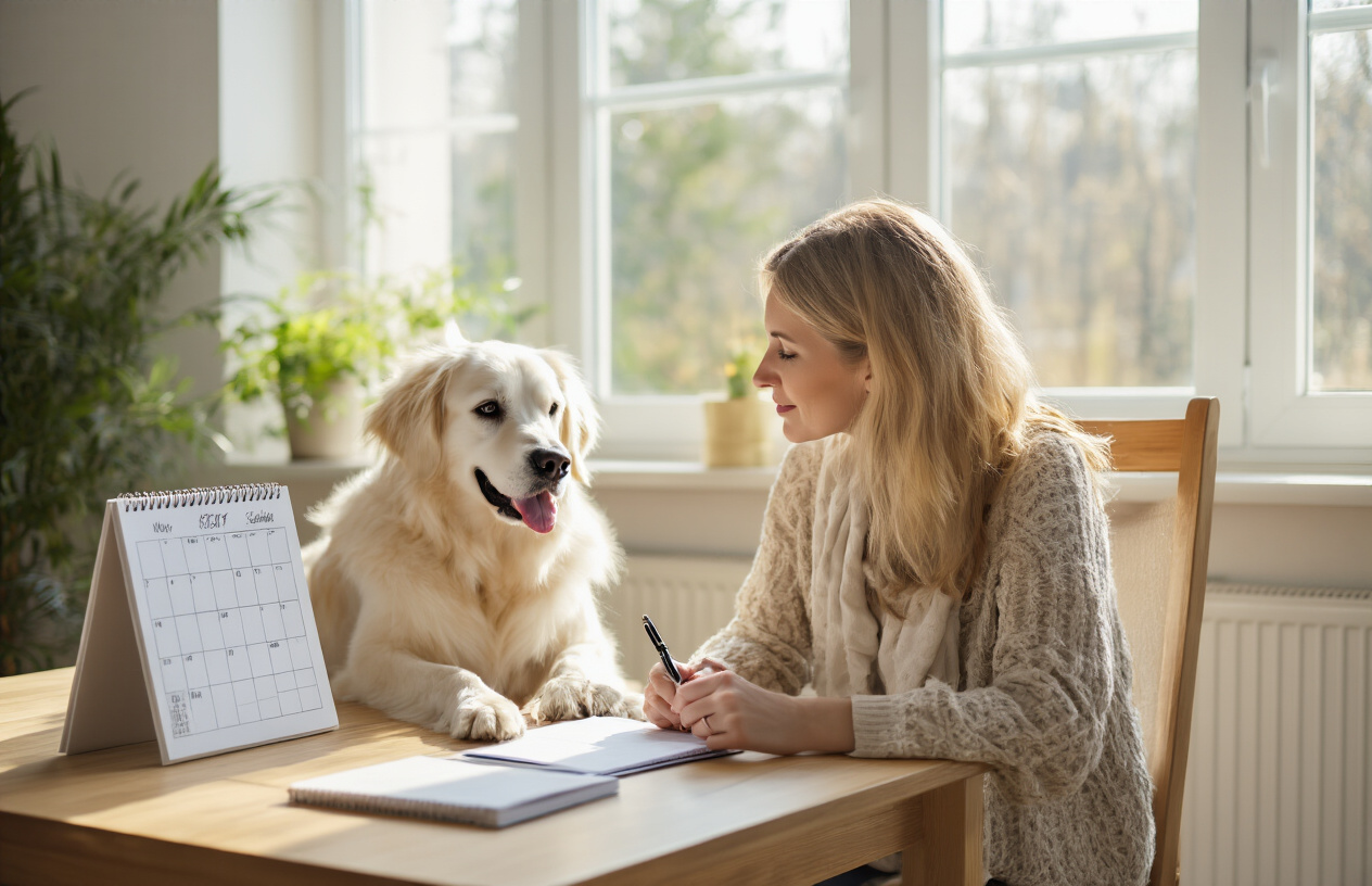 Create a realistic image of a white female dog owner in her 30s sitting at a wooden desk with a calendar, notepad, and pen, planning a dog training schedule while her golden retriever sits attentively beside her, in a bright home office setting with natural daylight streaming through a window, creating a focused and organized atmosphere for structured training preparation, absolutely NO text should be in the scene.