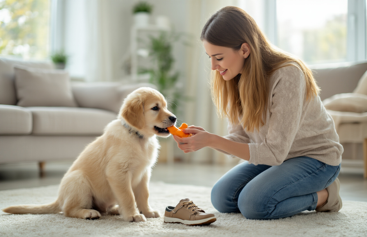 Create a realistic image of a white female dog owner in her 30s kneeling down and gently correcting a golden retriever puppy that is chewing on a shoe, with the woman offering a proper chew toy as an alternative, set in a bright modern living room with natural lighting streaming through windows, conveying a patient and educational training moment, absolutely NO text should be in the scene.