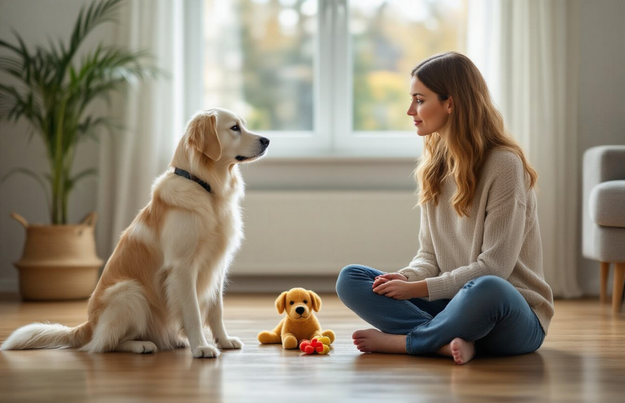 Create a realistic image of a calm white female dog owner in her 30s sitting cross-legged on a hardwood floor in a bright, modern living room, maintaining eye contact with an attentive golden retriever who is sitting in a stay position about three feet away, with the dog's favorite toy and treats visible on the floor between them untouched, demonstrating patience and impulse control training, soft natural lighting streaming through a window, peaceful and focused atmosphere, absolutely NO text should be in the scene.