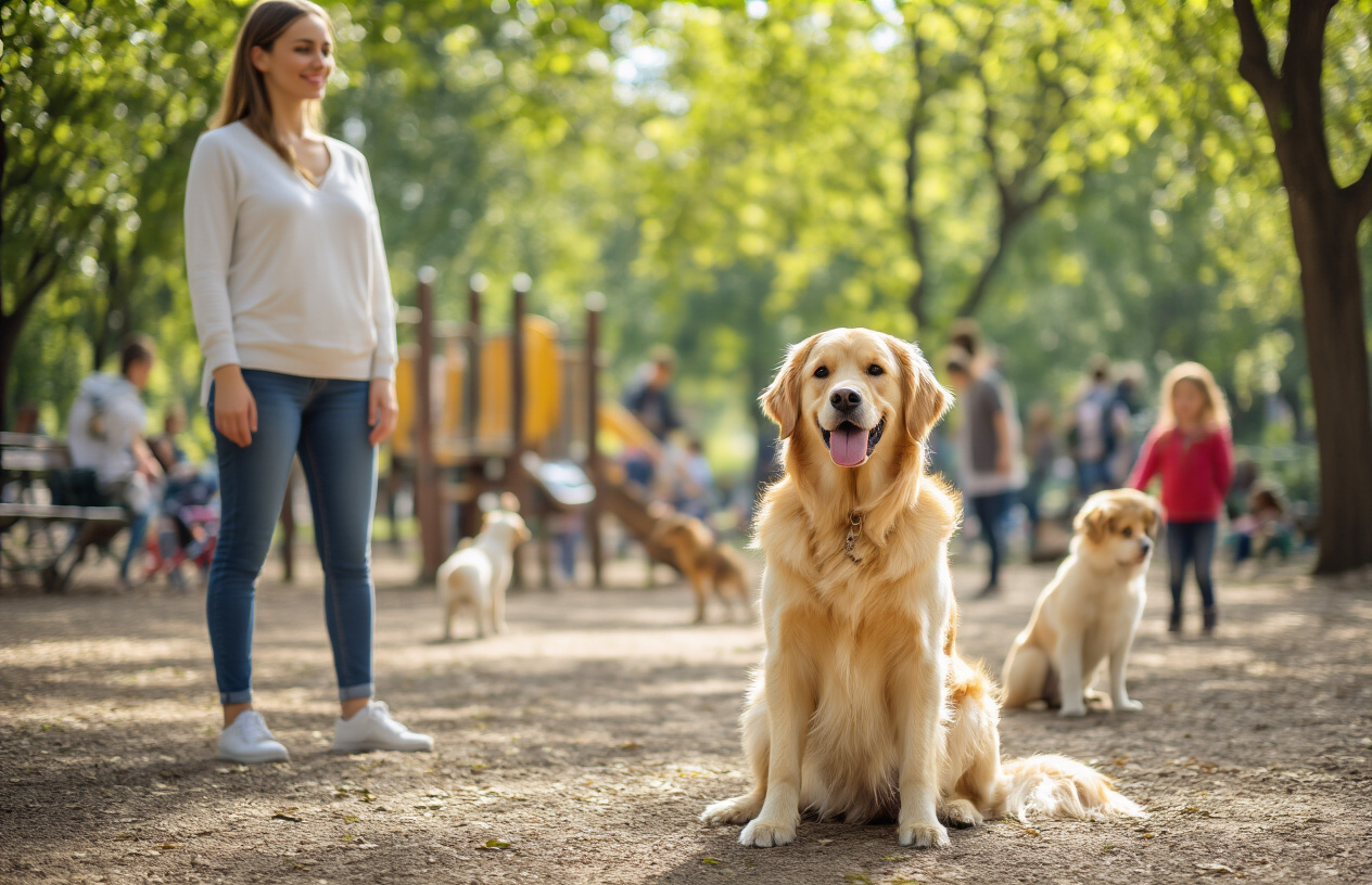 Create a realistic image of a well-behaved golden retriever sitting calmly beside a white female dog owner in a busy public park setting, with other people and dogs visible in the background, children playing on playground equipment, the dog displaying confident body language with ears up and relaxed posture, bright natural daylight filtering through trees, peaceful and positive atmosphere showing successful socialization, the scene capturing the essence of a dog comfortable in a social environment, absolutely NO text should be in the scene.