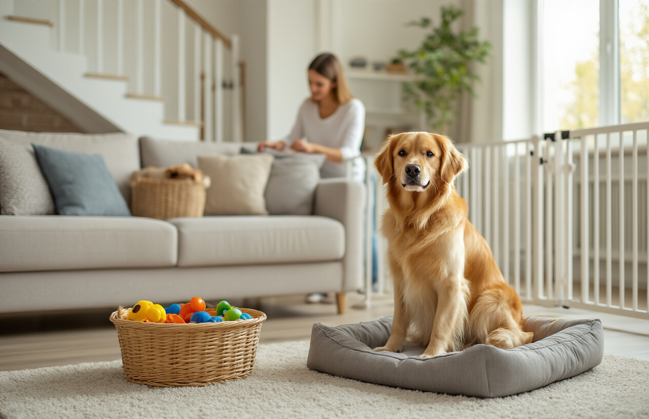 Create a realistic image of a well-organized living room interior with a golden retriever sitting calmly on a designated dog bed, showing a clutter-free environment with dog toys neatly arranged in a basket, baby gates blocking access to stairs, dog-proof latches on cabinets, and a white female owner in the background arranging the space, with warm natural lighting streaming through windows creating a peaceful and controlled home atmosphere, absolutely NO text should be in the scene.