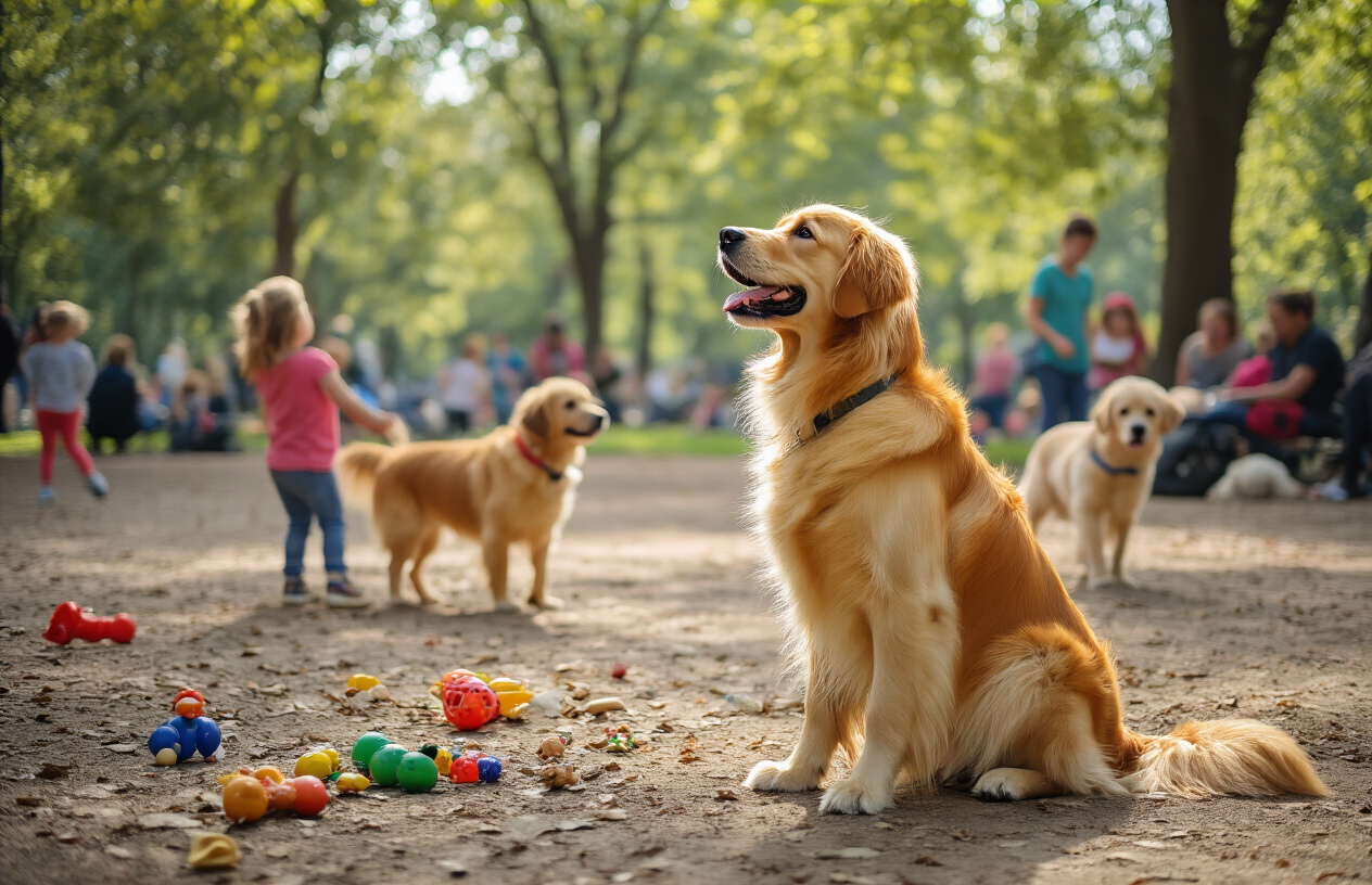 Create a realistic image of a focused golden retriever sitting attentively and looking up at its owner while surrounded by various distractions including children playing in the background, other dogs walking nearby, scattered toys on the ground, and people having conversations in a busy park setting, with the dog maintaining perfect attention despite the chaotic environment, captured in natural daylight with soft shadows under trees, showing the dog's concentrated expression and alert ears while demonstrating successful training focus, absolutely NO text should be in the scene.