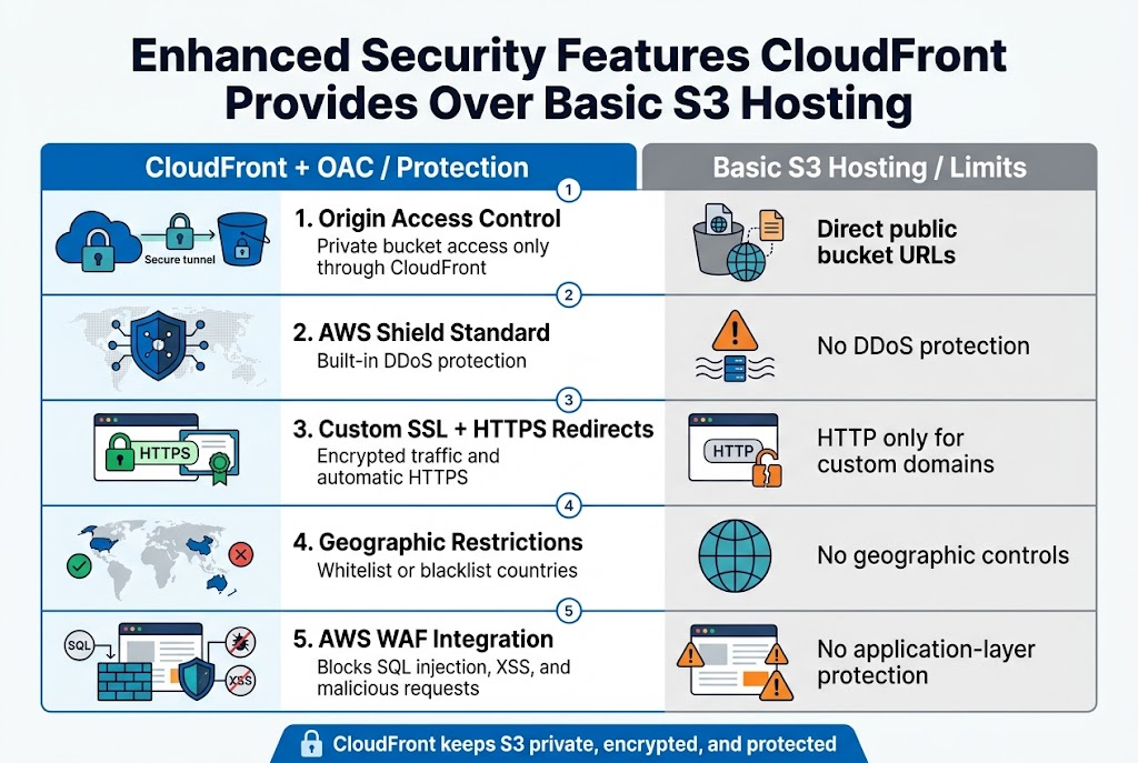 Enhanced Security Features CloudFront Provides Over Basic S3 Hosting