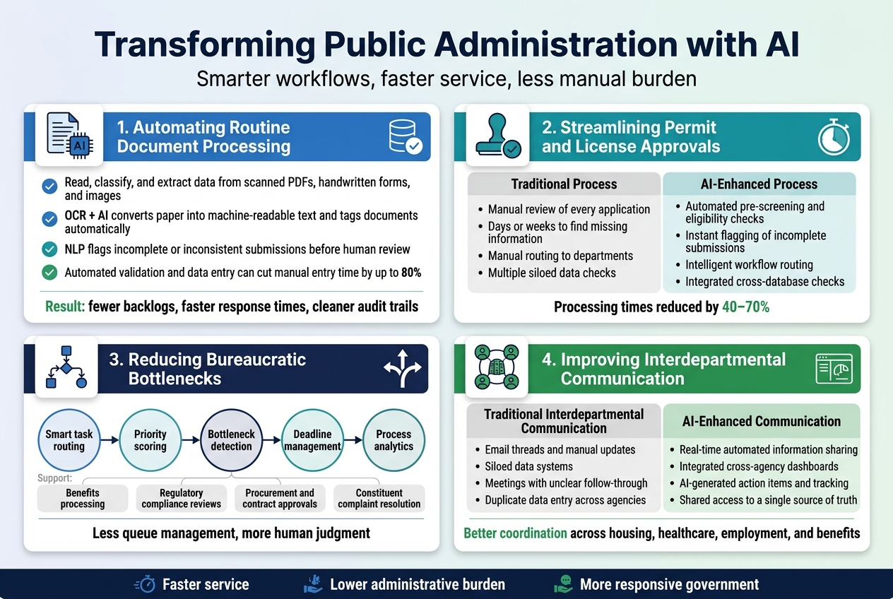 3:2 aspect ratio, full-bleed professional infographic, clean modern government-tech style, wide horizontal layout with four large sections arranged in a 2x2 grid, subtle light background with blue, teal, navy, and green accents, crisp sans-serif fonts, bold hierarchy, minimal shadows, white cards with colored headers, clear icons in each section.
Top center large bold title in dark navy: "Transforming Public Administration with AI"
Directly under the title, a smaller subtitle across the width: "Smarter workflows, faster service, less manual burden"
Section 1 on upper left with a document and AI chip icon, header in blue: "1. Automating Routine Document Processing"
Include four compact bullet points with small check icons:
"Read, classify, and extract data from scanned PDFs, handwritten forms, and images"
"OCR + AI converts paper into machine-readable text and tags documents automatically"
"NLP flags incomplete or inconsistent submissions before human review"
"Automated validation and data entry can cut manual entry time by up to 80%"
Bottom callout line in green: "Result: fewer backlogs, faster response times, cleaner audit trails"
Section 2 on upper right with a permit stamp and clock icon, header in teal: "2. Streamlining Permit and License Approvals"
Place a side-by-side comparison box with two columns:
Left column header: "Traditional Process"
Bullets:
"Manual review of every application"
"Days or weeks to find missing information"
"Manual routing to departments"
"Multiple siloed data checks"
Right column header: "AI-Enhanced Process"
Bullets:
"Automated pre-screening and eligibility checks"
"Instant flagging of incomplete submissions"
"Intelligent workflow routing"
"Integrated cross-database checks"
Add a bold metric badge near the bottom: "Processing times reduced by 40–70%"
Section 3 on lower left with a flowchart and branching arrows icon, header in navy: "3. Reducing Bureaucratic Bottlenecks"
Show a horizontal mini-flow diagram with labeled nodes:
"Smart task routing"
"Priority scoring"
"Bottleneck detection"
"Deadline management"
"Process analytics"
Add small support labels beneath:
"Benefits processing"
"Regulatory compliance reviews"
"Procurement and contract approvals"
"Constituent complaint resolution"
Bottom summary line: "Less queue management, more human judgment"
Section 4 on lower right with connected departments and dashboard icon, header in green: "4. Improving Interdepartmental Communication"
Include a wide comparison box with two columns:
Left header: "Traditional Interdepartmental Communication"
Bullets:
"Email threads and manual updates"
"Siloed data systems"
"Meetings with unclear follow-through"
"Duplicate data entry across agencies"
Right header: "AI-Enhanced Communication"
Bullets:
"Real-time automated information sharing"
"Integrated cross-agency dashboards"
"AI-generated action items and tracking"
"Shared access to a single source of truth"
Add a bottom callout: "Better coordination across housing, healthcare, employment, and benefits"
Add a slim footer band across the bottom in dark blue with three concise benefit badges separated by icons:
"Faster service"
"Lower administrative burden"
"More responsive government"
Use clear infographic icons: documents, checkmark, database, stopwatch, routing arrows, dashboard, networked agencies. Keep text legible, balanced spacing, and a polished public-sector technology aesthetic.