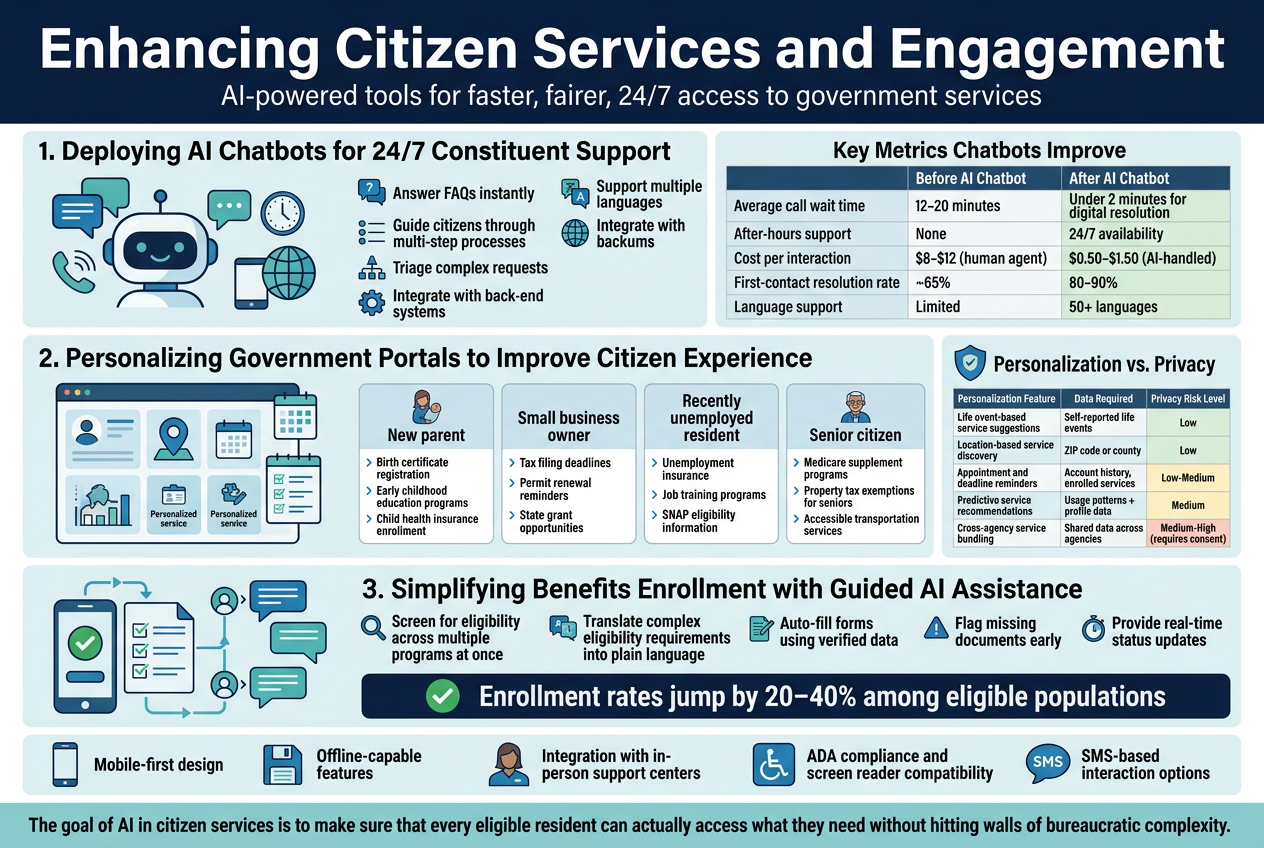 Aspect ratio 3:2, full-bleed clean professional government infographic in modern flat vector style, blue and teal palette with white background, dark navy headline, subtle gray dividers, sans-serif font, strong visual hierarchy.
Top across full width: large bold title text in dark navy, "Enhancing Citizen Services and Engagement". Directly below, smaller subtitle text, "AI-powered tools for faster, fairer, 24/7 access to government services".
Main layout: three wide horizontal sections stacked vertically with multi-column cards, not a narrow poster layout.
SECTION 1 across upper middle, heading on left: "1. Deploying AI Chatbots for 24/7 Constituent Support". Add a large chatbot icon with speech bubbles, phone, clock, and multilingual globe on the right. Include five compact icon bullets in two columns:
- "Answer FAQs instantly"
- "Guide citizens through multi-step processes"
- "Triage complex requests"
- "Support multiple languages"
- "Integrate with back-end systems"
Below this section, a metrics comparison band with a clean table style labeled "Key Metrics Chatbots Improve" and two columns "Before AI Chatbot" and "After AI Chatbot". Show these exact rows:
- "Average call wait time" | "12–20 minutes" | "Under 2 minutes for digital resolution"
- "After-hours support" | "None" | "24/7 availability"
- "Cost per interaction" | "$8–$12 (human agent)" | "$0.50–$1.50 (AI-handled)"
- "First-contact resolution rate" | "~65%" | "80–90%"
- "Language support" | "Limited" | "50+ languages"
SECTION 2 across center, heading: "2. Personalizing Government Portals to Improve Citizen Experience". Show a smart dashboard illustration with profile card, location pin, calendar, checklist, and personalized service tiles. Use four side-by-side mini panels with labels and small icons:
- "New parent" with links: "Birth certificate registration", "Early childhood education programs", "Child health insurance enrollment"
- "Small business owner" with links: "Tax filing deadlines", "Permit renewal reminders", "State grant opportunities"
- "Recently unemployed resident" with links: "Unemployment insurance", "Job training programs", "SNAP eligibility information"
- "Senior citizen" with links: "Medicare supplement programs", "Property tax exemptions for seniors", "Accessible transportation services"
Add a right-side privacy box with shield icon and heading: "Personalization vs. Privacy". Include a small 2-column table titled "Personalization Feature | Data Required | Privacy Risk Level" with these exact rows:
- "Life event-based service suggestions | Self-reported life events | Low"
- "Location-based service discovery | ZIP code or county | Low"
- "Appointment and deadline reminders | Account history, enrolled services | Low-Medium"
- "Predictive service recommendations | Usage patterns + profile data | Medium"
- "Cross-agency service bundling | Shared data across agencies | Medium-High (requires consent)"
SECTION 3 across lower middle, heading: "3. Simplifying Benefits Enrollment with Guided AI Assistance". Show a large mobile phone and document checklist icon, with a progress path and assistant chat bubbles. Include five icon bullets:
- "Screen for eligibility across multiple programs at once"
- "Translate complex eligibility requirements into plain language"
- "Auto-fill forms using verified data"
- "Flag missing documents early"
- "Provide real-time status updates"
Add a bold impact callout bar beneath with a green check icon and exact text: "Enrollment rates jump by 20–40% among eligible populations"
Bottom strip across full width with equity-focused icons: smartphone, save icon, human caseworker, ADA accessibility symbol, SMS bubble. Include four short labels:
- "Mobile-first design"
- "Offline-capable features"
- "Integration with in-person support centers"
- "ADA compliance and screen reader compatibility"
- "SMS-based interaction options"
Add a closing footer sentence in a highlighted band: "The goal of AI in citizen services is to make sure that every eligible resident can actually access what they need without hitting walls of bureaucratic complexity."
Use crisp spacing, aligned columns, readable text, clear icons, subtle shadows, and professional government-tech infographic styling.