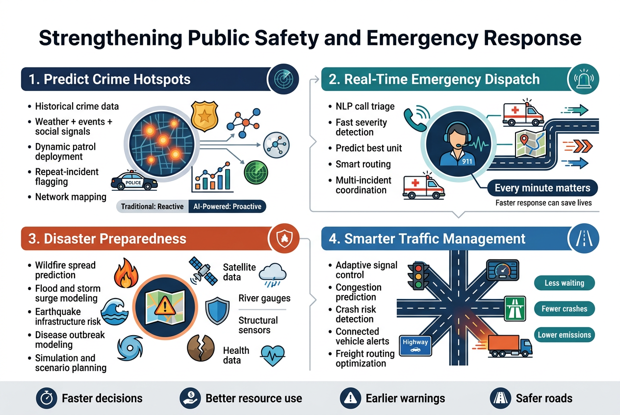 Aspect ratio 3:2, full-bleed professional infographic, modern government-tech style, white background with deep navy, teal, blue, orange, and red accents, clean sans-serif fonts, bold hierarchy, crisp vector icons, no frame, no inset border.
Top center large bold title: "Strengthening Public Safety and Emergency Response"
Below the title, a wide 4-section horizontal infographic layout in a 2x2 grid with connected arrows and small icon labels, each section with a colored header bar and a large icon.
Section 1, top left, header text: "1. Predict Crime Hotspots"
Show a city map with glowing heat spots, patrol car, police badge, graph nodes, and a small radar icon. Include small text bullets:
"Historical crime data"
"Weather + events + social signals"
"Dynamic patrol deployment"
"Repeat-incident flagging"
"Network mapping"
Add a small comparison strip:
"Traditional: Reactive"
"AI-Powered: Proactive"
Section 2, top right, header text: "2. Real-Time Emergency Dispatch"
Show a 911 headset operator, phone waveform, ambulance, route map, traffic lines, and speed arrows. Include small text bullets:
"NLP call triage"
"Fast severity detection"
"Predict best unit"
"Smart routing"
"Multi-incident coordination"
Add a callout box with bold text:
"Every minute matters"
Small note:
"Faster response can save lives"
Section 3, bottom left, header text: "3. Disaster Preparedness"
Show wildfire flames, flood wave, hurricane swirl, earthquake crack, shield, satellite, weather cloud, and sensor icons arranged around a central warning map. Include small text bullets:
"Wildfire spread prediction"
"Flood and storm surge modeling"
"Earthquake infrastructure risk"
"Disease outbreak modeling"
"Simulation and scenario planning"
Add small labels near icons:
"Satellite data"
"River gauges"
"Structural sensors"
"Health data"
Section 4, bottom right, header text: "4. Smarter Traffic Management"
Show intersecting roads, adaptive traffic lights, connected car dashboard, highway sign, freight truck, and congestion heat lines. Include small text bullets:
"Adaptive signal control"
"Congestion prediction"
"Crash risk detection"
"Connected vehicle alerts"
"Freight routing optimization"
Add three small result badges:
"Less waiting"
"Fewer crashes"
"Lower emissions"
Along the bottom, a thin summary band with four icon circles and short labels:
"Faster decisions"
"Better resource use"
"Earlier warnings"
"Safer roads"
Use strong visual flow from left to right, top to bottom, with subtle connector lines between the four sections. Keep all text sharp, legible, and evenly spaced. Use clean flat vector illustration style with slight depth, no photographic elements.