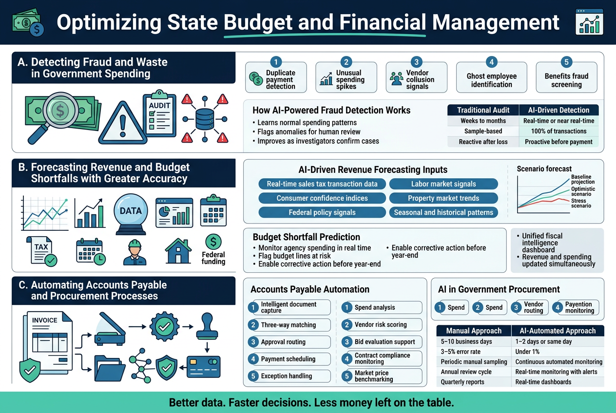 Create a clean, professional full-bleed infographic in 3:2 aspect ratio with a modern government-finance style. Use a deep navy, teal, blue, and green color palette with white backgrounds in section panels, subtle grid lines, and crisp sans-serif fonts. Place a bold top header across the full width.
Top header: large title text centered at the top in dark navy, “Optimizing State Budget and Financial Management”. Add a thin teal underline and small finance/analytics icons near the title.
Main layout: three wide horizontal sections stacked vertically, each with a bold section label on the left and a large icon cluster on the right. Use clear visual hierarchy, numbered badges, and compact bullet text.
Section 1, left-to-right wide block:
Heading: “A. Detecting Fraud and Waste in Government Spending”
Visuals: a magnifying glass over dollar bills, warning triangle, audit clipboard, database nodes, and red alert markers.
Include five small labeled callout boxes with icons:
“Duplicate payment detection”
“Unusual spending spikes”
“Vendor collusion signals”
“Ghost employee identification”
“Benefits fraud screening”
Add a smaller subpanel beneath with the heading “How AI-Powered Fraud Detection Works” and three concise points:
“Learns normal spending patterns”
“Flags anomalies for human review”
“Improves as investigators confirm cases”
Include a small two-column comparison strip:
“Traditional Audit” vs “AI-Driven Detection”
“Weeks to months” vs “Real-time or near real-time”
“Sample-based” vs “100% of transactions”
“Reactive after loss” vs “Proactive before payment”
Section 2, middle wide block:
Heading: “B. Forecasting Revenue and Budget Shortfalls with Greater Accuracy”
Visuals: line chart, bar chart, crystal ball replaced by data dashboard, calendar, tax, labor, housing, and federal funding icons.
Add a centered dashboard panel with the heading “AI-Driven Revenue Forecasting Inputs” and six labeled data pills:
“Real-time sales tax transaction data”
“Labor market signals”
“Consumer confidence indices”
“Property market trends”
“Federal policy signals”
“Seasonal and historical patterns”
Add a small scenario forecast graphic with three labeled lines:
“Baseline projection”
“Optimistic scenario”
“Stress scenario”
Add a lower subpanel titled “Budget Shortfall Prediction” with three action items:
“Monitor agency spending in real time”
“Flag budget lines at risk”
“Enable corrective action before year-end”
Include a small side note box:
“Unified fiscal intelligence dashboard”
“Revenue and spending updated simultaneously”
Section 3, bottom wide block:
Heading: “C. Automating Accounts Payable and Procurement Processes”
Visuals: invoice document, scanner, workflow arrows, approval stamp, contract folder, vendor network nodes, shield/check icons, and a payment card.
Split the section into two side-by-side panels:
Left panel title: “Accounts Payable Automation”
List five numbered steps in compact boxes:
“Intelligent document capture”
“Three-way matching”
“Approval routing”
“Payment scheduling”
“Exception handling”
Right panel title: “AI in Government Procurement”
List five numbered steps in compact boxes:
“Spend analysis”
“Vendor risk scoring”
“Bid evaluation support”
“Contract compliance monitoring”
“Market price benchmarking”
Add a bottom comparison strip with two columns:
“Manual Approach” and “AI-Automated Approach”
“5–10 business days” vs “1–2 days or same day”
“3–5% error rate” vs “Under 1%”
“Periodic manual sampling” vs “Continuous automated monitoring”
“Annual review cycle” vs “Real-time monitoring with alerts”
“Quarterly reports” vs “Real-time dashboards”
Footer message across the bottom in a highlighted teal band:
“Better data. Faster decisions. Less money left on the table.”
Use clean spacing, balanced icons, clear labels, and strong contrast. No extra text beyond the specified headings, labels, and comparison phrases.