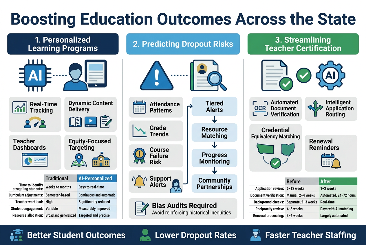 Create a full-bleed landscape infographic in 3:2 aspect ratio with a clean modern state-government style, using navy blue, teal, sky blue, green, gold, and light gray accents on a white background. Use bold sans-serif typography with a strong hierarchy. Place a large top heading across the full width:
"Boosting Education Outcomes Across the State"
Below the title, arrange three wide horizontal sections in a 3-column layout across the page, each with a colored header bar, a large icon, and concise bullet blocks. Use simple flat vector icons, thin dividers, rounded cards, and clear spacing.
LEFT SECTION:
Header text: "1. Personalized Learning Programs"
Icon: a blue AI chip connected to a student silhouette and a tablet
Include four short labeled blocks with small icons:
- "Real-Time Tracking" with a chart icon
- "Dynamic Content Delivery" with a book, video, and quiz icons
- "Teacher Dashboards" with a dashboard screen icon
- "Equity-Focused Targeting" with a map pin and school building icon
Add a small comparison strip at the bottom with two columns:
"Traditional" and "AI-Personalized"
Include these short lines:
"Time to identify struggling students: Weeks to months | Days to real-time"
"Curriculum adjustments: Semester-based | Continuous and automatic"
"Teacher workload: High | Significantly reduced"
"Student engagement: Variable | Measurably improved"
"Resource allocation: Broad and generalized | Targeted and precise"
CENTER SECTION:
Header text: "2. Predicting Dropout Risks"
Icon: an early-warning triangle over a student record file and magnifying glass
Include four labeled blocks:
- "Attendance Patterns" with a calendar icon
- "Grade Trends" with a downward line chart icon
- "Course Failure Risk" with a warning badge icon
- "Support Alerts" with a bell and counselor icon
Add a vertical workflow strip with four steps and arrows:
"Tiered Alerts" → "Resource Matching" → "Progress Monitoring" → "Community Partnerships"
At the bottom, include a small callout box with bold text:
"Bias Audits Required"
and smaller text:
"Avoid reinforcing historical inequities"
RIGHT SECTION:
Header text: "3. Streamlining Teacher Certification"
Icon: a document, checkmark, and AI automation gear
Include four labeled blocks:
- "Automated Document Verification" with OCR scan icon
- "Intelligent Application Routing" with branching arrows icon
- "Credential Equivalency Matching" with two state map icons and a checkmark
- "Renewal Reminders" with a calendar bell icon
Add a compact before/after strip at the bottom:
"Application review: 6–12 weeks | 1–2 weeks"
"Document verification: Manual, 2–4 weeks | Automated, 24–72 hours"
"Background checks: Separate, 2–3 weeks | Real-time"
"Reciprocity review: 4–8 weeks | Days with AI matching"
"Renewal processing: 3–6 weeks | Largely automated"
Across the bottom of the full infographic, add a wide footer banner with three small icons and short impact statements:
"Better Student Outcomes"
"Lower Dropout Rates"
"Faster Teacher Staffing"
Use clean alignment, strong visual hierarchy, and professional government-report infographic styling. Keep all text crisp, readable, and exact. No borders around the entire page. No 3D effects. No photographs. No clutter.